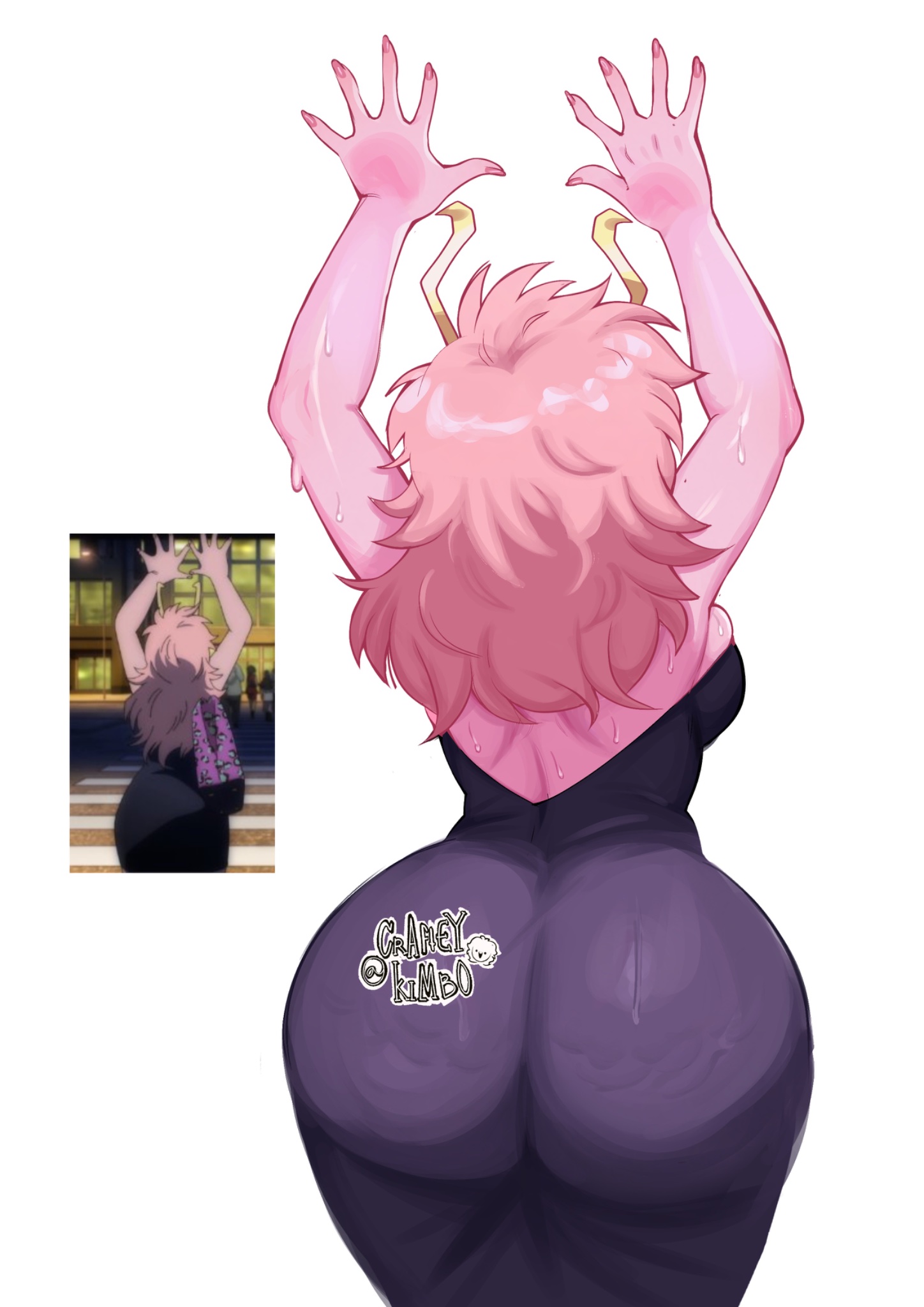1girls, 2026, 2d, alternate version available, arms up, ass, ass focus, ass of the gods, back view, backless dress, big ass, black dress, clothed, clothed female, clothing, dress, female, hi res, horns, kimboscraft, long hair, medium hair, medium-haired female, mina ashido, mina ashido time-skip, my hero academia, my hero academia (finale), pink hair, pink skin, pink-haired female, pink-skinned female, post-timeskip, reference image, simple background, solo, sweat, sweaty, sweaty body, tight clothing, twitter username, white background