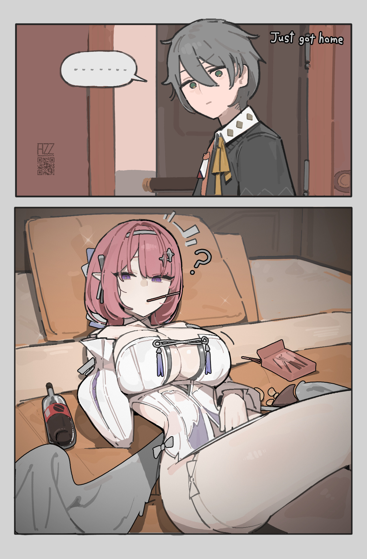 1boy, 1girls, asking for it, asking for sex, azz0422, bed, bedroom, big breasts, color, drawing, drink, exhausted, fat ass, feathered wings, feathers, gray hair, mihoyo, pink hair, pokies, remielle dan, short hair, thick thighs, thiren, waiting, waiting for sex, wings, wise (zenless zone zero), zenless zone zero