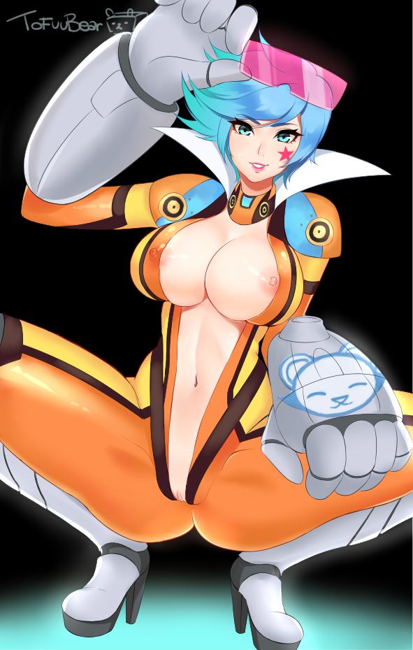 1girls 2d arcade_series artist_name blue_eyes blue_hair female league_of_legends light-skinned_female light_skin neon_strike_vi nipples pale-skinned_female pale_skin pink_nipples solo solo_female solo_focus tagme tofuubear vi watermark