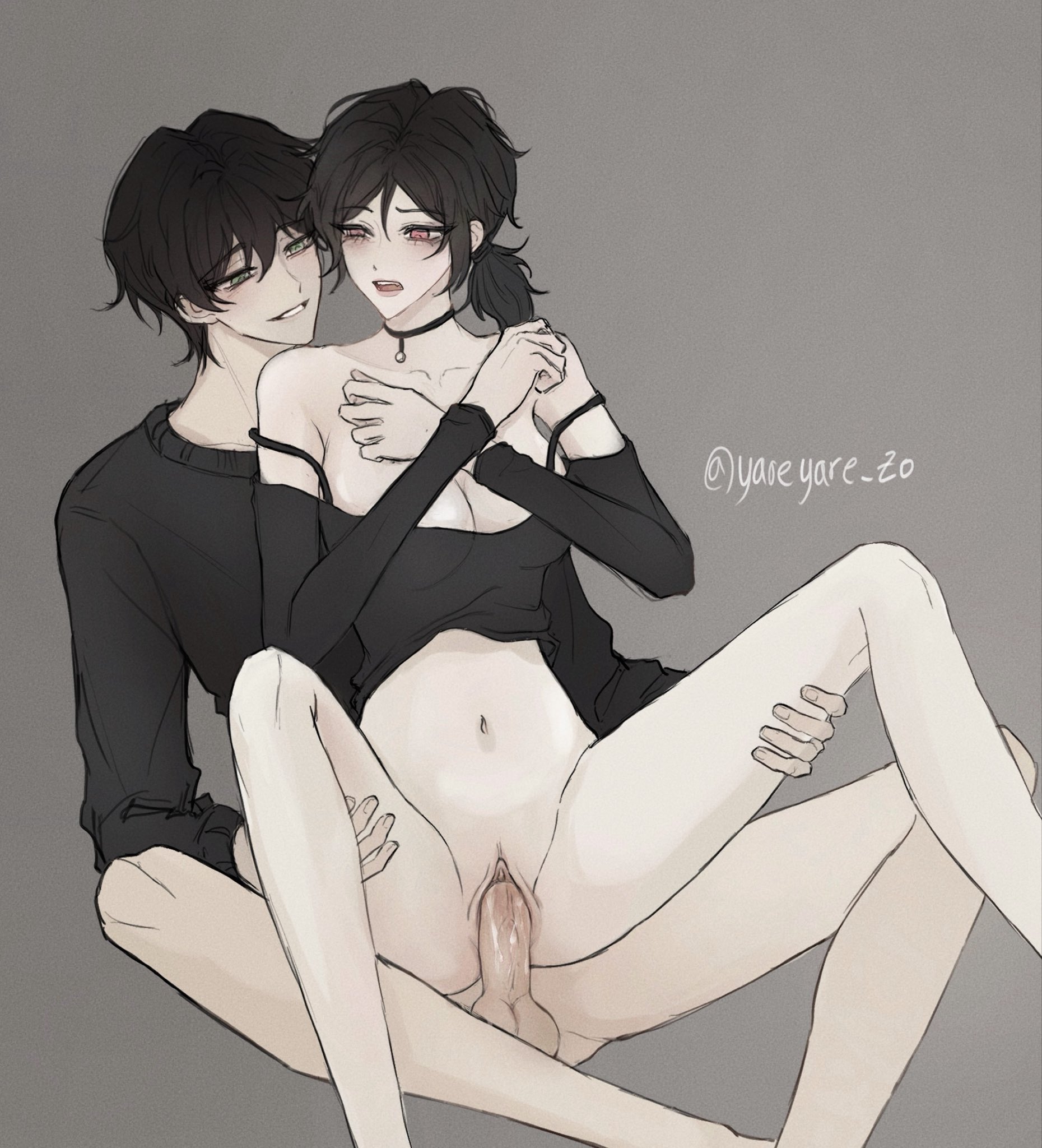 1boy, 1girls, 2d, andrew graves, ashley graves, black hair, bottomless, breasts, brother and sister, choker, female, green eyes, incest, male, penis, pink eyes, ponytail, pussy, reverse cowgirl position, sex, siblings, spread legs, straight, the coffin of andy and leyley, vaginal, vaginal penetration, yareyare zo