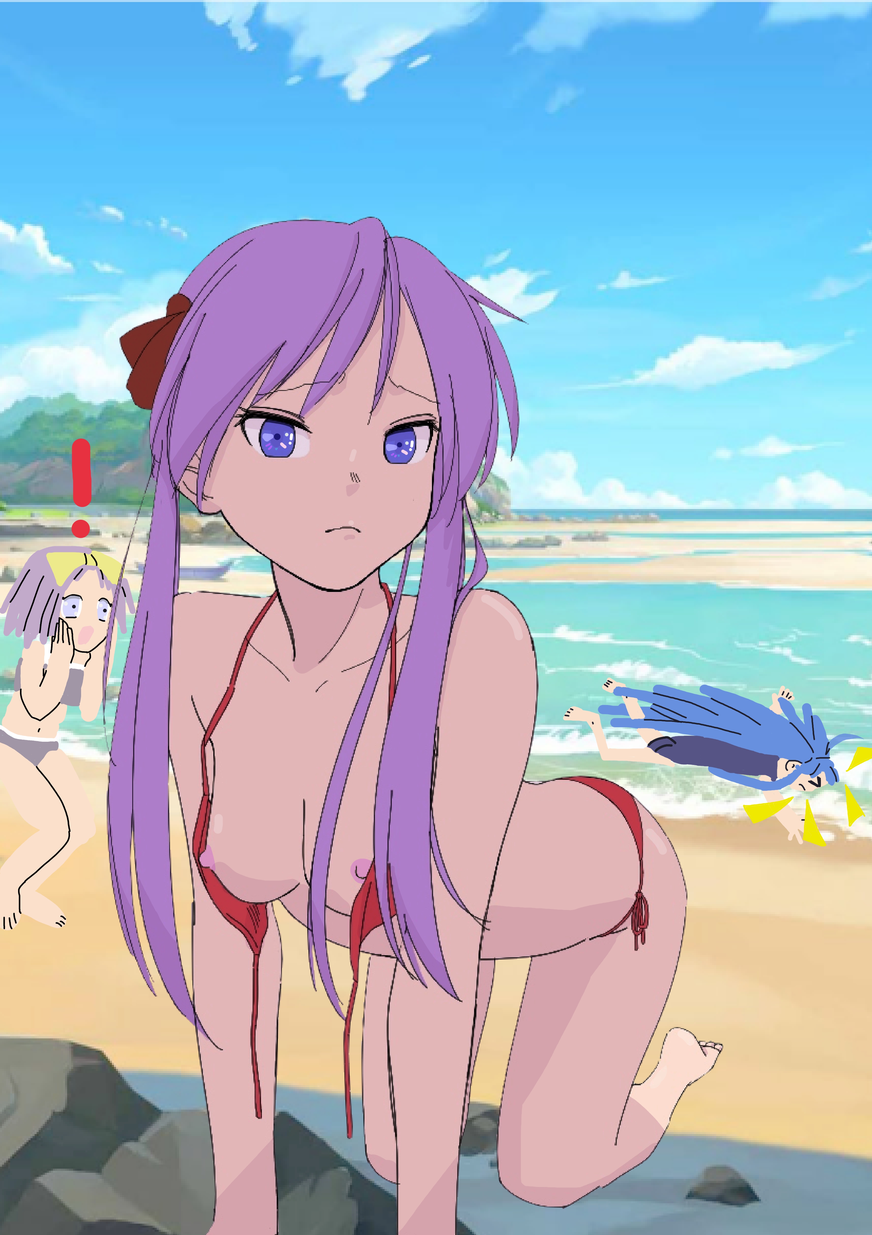 artist request, beach, breasts, kagami hiiragi, konata izumi, lucky star, swimsuit, tagme, tsukasa hiiragi