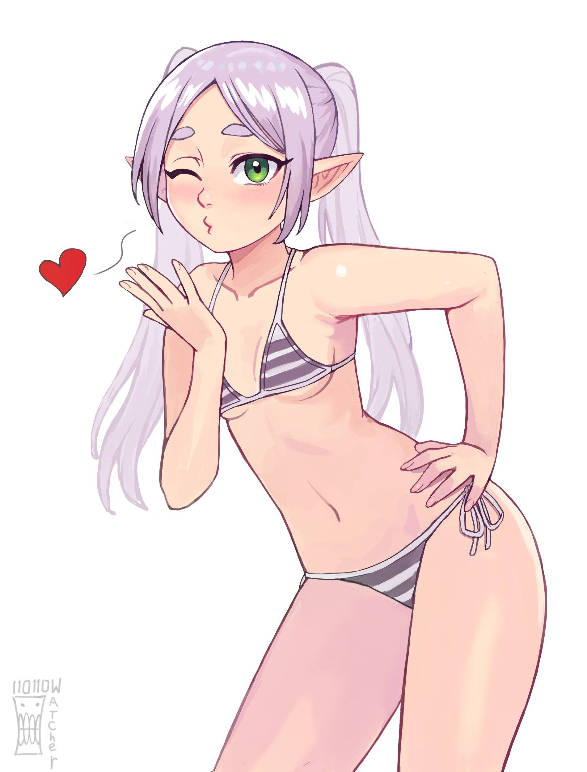 ;), 1girls, 2d, 2d (artwork), 2d artwork, adult, adult female, almost naked, almost nude, anime, anime character, armpits, background, bare armpits, bare arms, bare belly, bare chest, bare hands, bare hips, bare legs, bare midriff, bare navel, bare shoulders, bare skin, bare thighs, belly, belly button, bikini, bikini bottom, bikini only, bikini top, blank background, blush face, blushing, blushing at viewer, blushing female, breasts, collarbone, cowboy shot, digital, digital art, digital drawing, digital drawing (artwork), digital media, digital media (artwork), drawing, earrings, elbows, elf, elf ear, elf ears, elf female, elf girl, exposed, exposed armpits, exposed arms, exposed belly, exposed chest, exposed hips, exposed legs, exposed midriff, exposed navel, exposed shoulders, exposed skin, exposed thighs, eye closed, eye-level view, fanart, female, female focus, female only, female protagonist, fingernails, fingers, fit female, flushed, flushed cheeks, flushed face, frieren, from front, front view, gilf, glistening hair, glistening legs, glistening shoulders, glistening skin, glistening thighs, glossy hair, grandma, granny, green eyes, green-eyed female, grey bikini, grey bikini bottom, grey bikini top, grey swimsuit, grey swimwear, groin, halterneck, hand on hip, hand on own hip, heart, hourglass figure, inframammary fold, knees out of frame, lean figure, leaning, leaning forward, linea alba, long hair, looking at viewer, madhouse, manga character, mature, mature female, midriff, monotone background, mostly nude, naked, naked female, naked woman, narrow waist, navel, nearly nude, nude, nude female, nudity, old female, older than they look, one color background, one eye closed, one eye open, parted bangs, petite, petite body, petite breasts, petite female, petite girl, petite tits, plain background, pointy ears, portrait, practically nude, shiny hair, shiny legs, shiny shoulders, shiny skin, shiny thighs, shoulders, side-tie bikini, sidelocks, silver eyebrows, silver hair, silver hair female, silver-haired female, slender body, slender waist, slim female, slim waist, small boobs, small breasts, small tits, smooth skin, solid color background, solo, sousou no frieren, standing, stomach, string bikini, striped bikini, striped bikini bottom, striped bikini top, striped swimsuit, striped swimwear, swimsuit, swimwear, thighs, tiny breasts, tiny tits, top view, touching hip, upper body, watcher hollow, white background, white bikini, white bikini bottom, white bikini top, white eyebrows, white hair, white swimsuit, white swimwear, white-haired female, wide hips, wink, winking, winking at viewer, winking eye