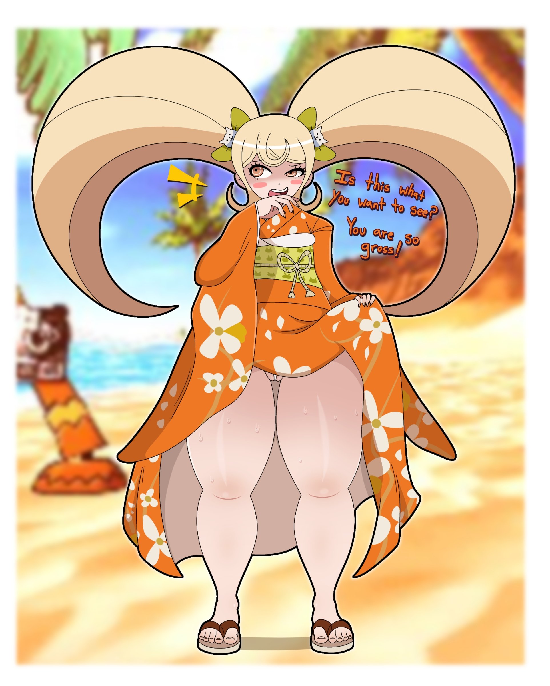 1girls, blonde hair, bottom heavy, danganronpa, danganronpa (series), danganronpa 2: goodbye despair, dialogue, female, jemuosg, kimono, saionji hiyoko, shortstack, text, thick thighs, twintails