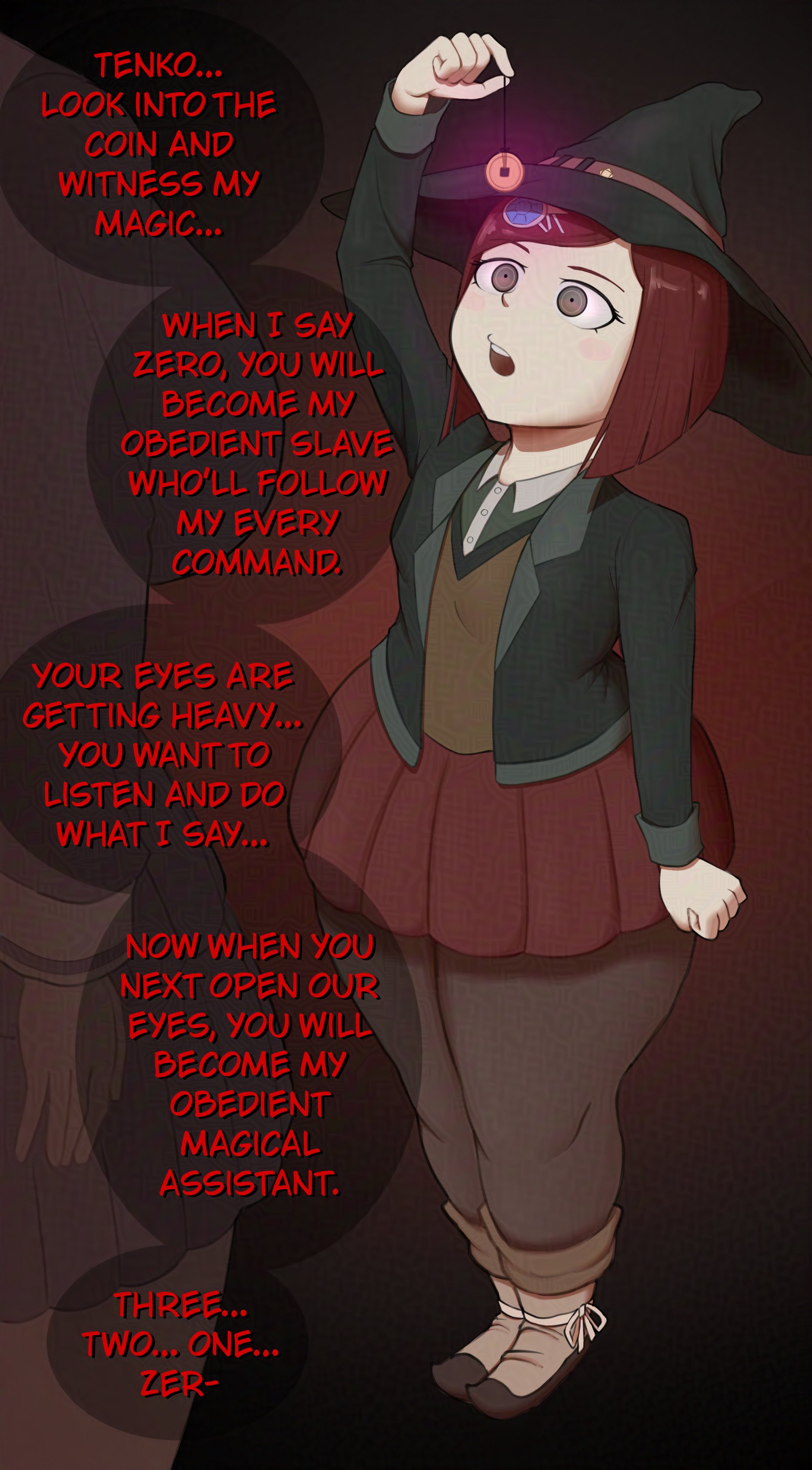 2girls, brown eyes, chabashira tenko, clothed, clothing, danganronpa, danganronpa v3, dialogue, english text, hypnosis, imminent rape, imminent sex, large thighs, leggings, mind control, pendulum, red hair, self upload, short hair, shortstack, skirt, small breasts, sofaqo, text, text box, thick thighs, tights, witch hat, yumeno himiko