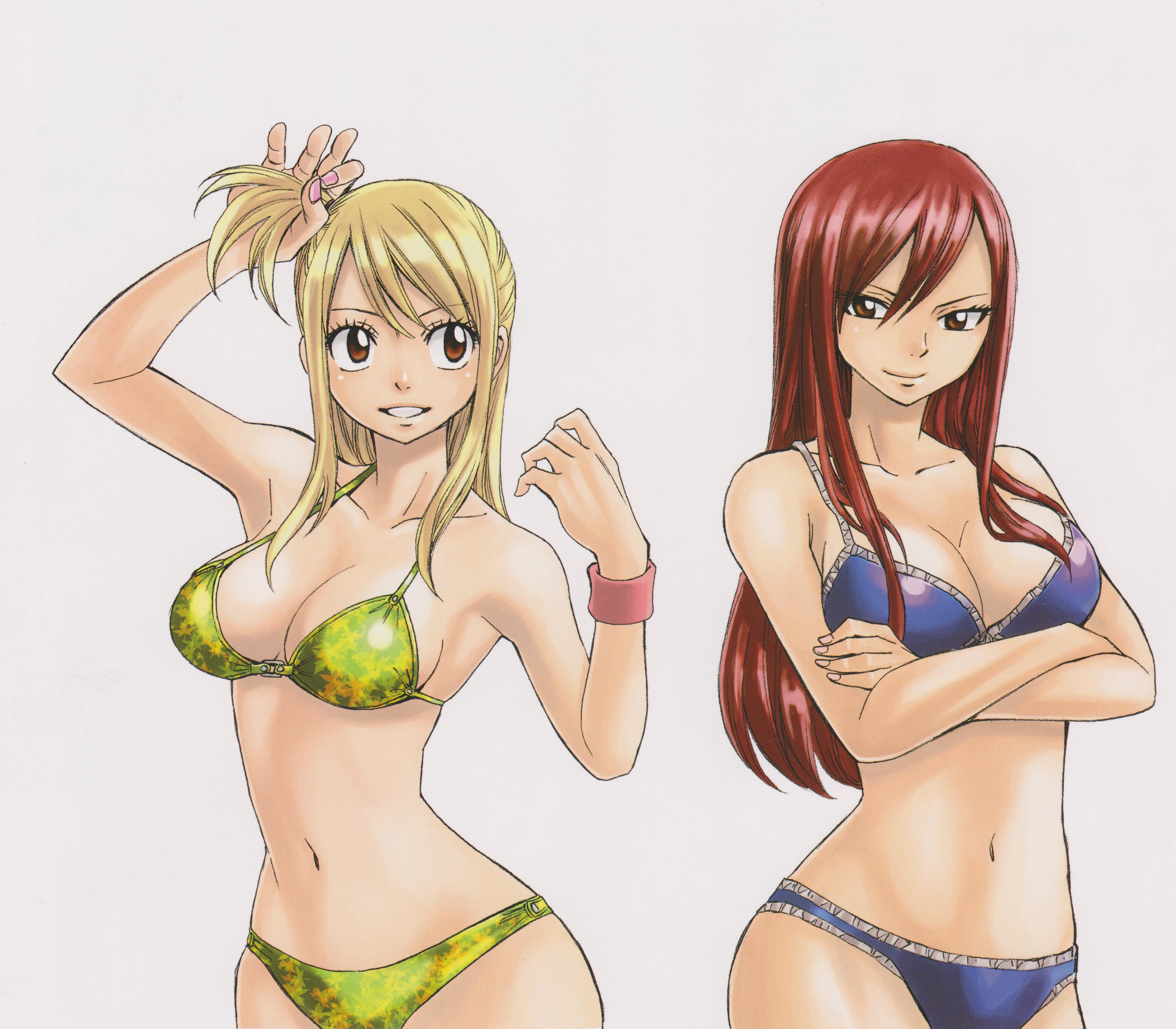 2girls, bikini, bikini bottom, blonde hair, blonde-haired female, blush, breasts, brown eyes, erza scarlet, fairy tail, female, long hair, looking at viewer, lucy heartfilia, medium breasts, multiple females, multiple girls, red eyes, red hair, red-haired female, smile