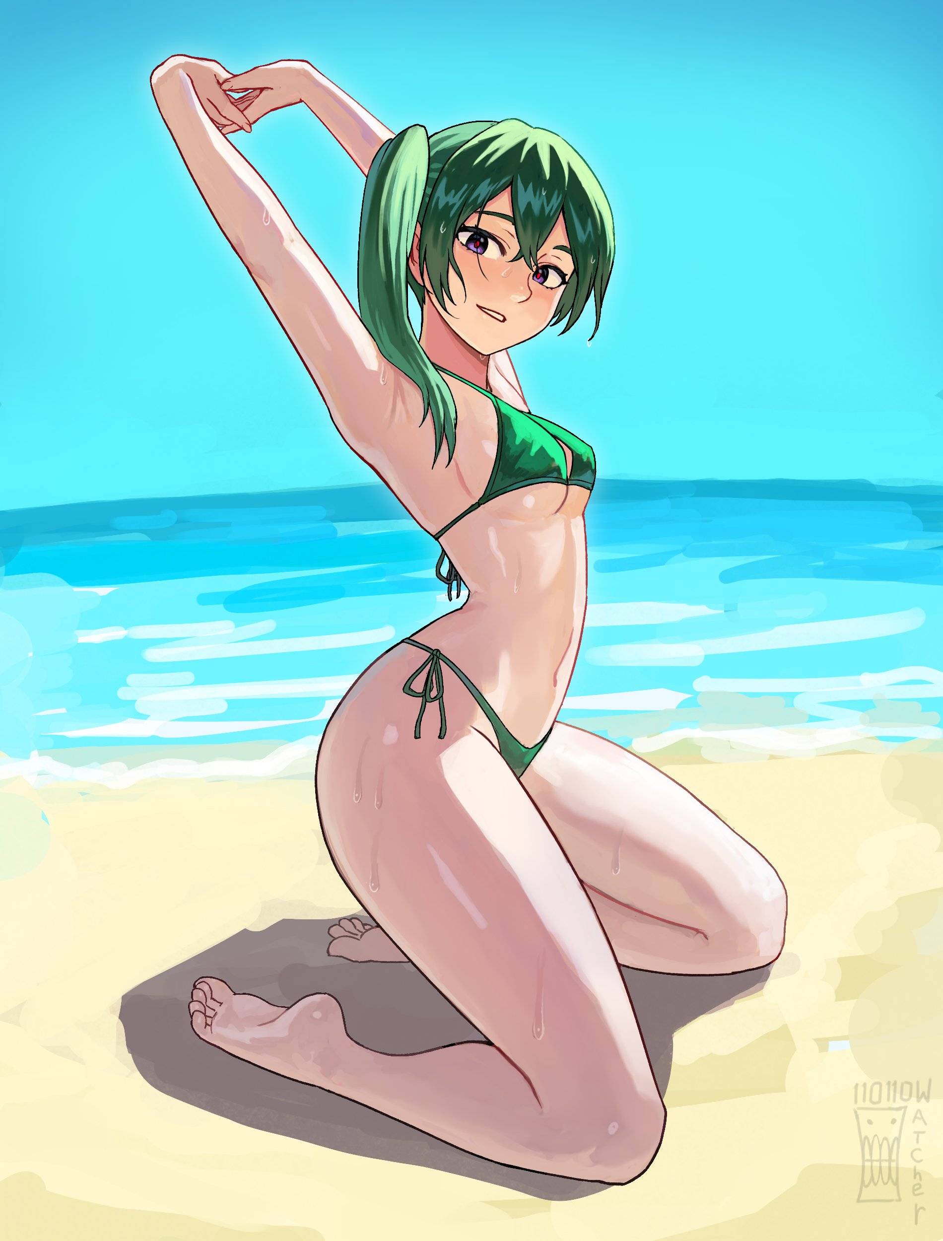1girls, 2d, 2d (artwork), 2d artwork, adult, adult female, almost naked, almost nude, anime, anime character, arm behind head, armpit, armpit crease, armpit peek, armpits, arms above head, arms up, average breasts, back-tie bikini, back-tie swimwear, baddie, bare armpits, bare arms, bare belly, bare calves, bare chest, bare hands, bare hips, bare knees, bare legs, bare midriff, bare navel, bare shoulders, bare skin, bare soles, bare thighs, bare toes, barefoot, beach, beach background, beach setting, belly, belly button, bewitching thighs, bikini, bikini bottom, bikini only, bikini top, blue sky background, breasts, calves, child bearing hips, collarbone, curvaceous, curvaceous body, curvaceous female, curvaceous figure, curvaceous hips, curvy, curvy body, curvy female, curvy figure, curvy hips, day, daylight, daytime, digital, digital art, digital drawing, digital drawing (artwork), digital media, digital media (artwork), drawing, dripping wet, dynamic angle, elbows, exposed, exposed armpits, exposed arms, exposed belly, exposed chest, exposed hips, exposed legs, exposed midriff, exposed navel, exposed shoulders, exposed skin, exposed thighs, exposed toes, eye-level view, fanart, feet, female, female focus, female only, fertile, fertile hips, fingernails, fingers, from side, full body, full body view, glistening arms, glistening body, glistening boobs, glistening breasts, glistening hair, glistening legs, glistening skin, glistening thighs, glossy breasts, glossy hair, green bikini, green bikini bottom, green bikini top, green hair, green swimsuit, green swimwear, green-haired female, groin, hair between eyes, hairless armpits, halterneck, hand behind head, hands above head, hands up, head tilt, hourglass figure, inframammary fold, inguinal crease, inguinal ligament, kneeling, kneeling female, kneeling on floor, kneeling on ground, knees, lascivious, lean figure, legs, long hair, looking at viewer, looking sideways, looking to the side, madhouse, mage, manga character, mature, mature female, mature woman, medium breasts, midriff, mostly nude, naked, naked female, naked woman, narrow waist, navel, nearly nude, nipple bulge, no shoes, nude, nude female, nudity, ocean background, outdoor, outdoor background, outdoor nudity, outdoors, outside, outside nudity, parted lips, ponytail, portrait, practically nude, presenting armpit, purple eyes, purple-eyed female, sea, sea background, seaside, shaved armpits, shiny arms, shiny body, shiny breasts, shiny hair, shiny legs, shiny skin, shiny thighs, shoulders, side ponytail, side view, side-tie bikini, sideboob, sidelocks, sky background, slender body, slender waist, slim female, slim waist, smile, smiley face, smiling, smiling at viewer, soaked, soles, solo, sousou no frieren, stretching, stretching arms, string bikini, summer setting, swimsuit, swimwear, thighs, three quarter view, three-quarter view, tied hair, tilted head, toes, ubel (sousou no frieren), underboob, voluptuous, voluptuous body, voluptuous female, voluptuous figure, voluptuous woman, watcher hollow, water, water background, wet, wet armpit, wet armpits, wet arms, wet belly, wet bikini, wet body, wet boobs, wet breasts, wet face, wet feet, wet female, wet hair, wet head, wet legs, wet skin, wet swimsuit, wet thighs, wet tits, wide hips, woman