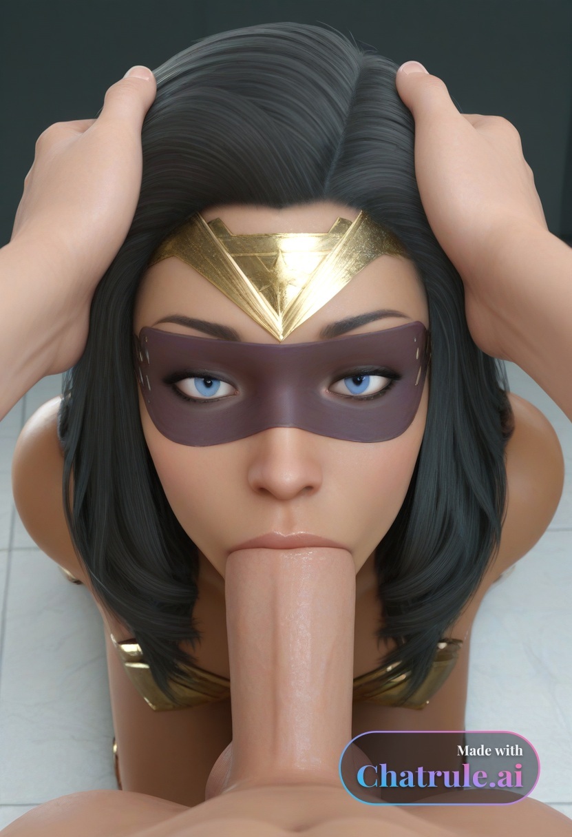 1girl 3d ai_assisted ai_generated balls_deep black_hair blue_eyes dark_skinned_female deep deepthroat dominated facing_viewer hands_behind_back high_quality highres petite_body pov realistic ripped_clothes sitting_on_knees skinny small_breasts small_tits tiny_tits wonder_woman young