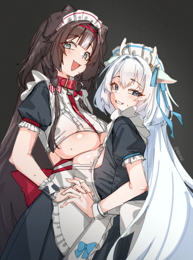 2girls, animal collar, antlers, apron, bibi biscuit, blue bow, blue eyes, bow, breasts, collar, commentary, deer antlers, deer girl, female, female only, hakushika iori, horns, interlocked fingers, long hair, maid, maid headdress, multiple girls, open mouth, phase connect, red collar, sweat, tilt-shift (azalanz), twitter username, untranslatable commentary, virtual youtuber, white apron, white hair, white wrist cuffs, wrist cuffs, yuri