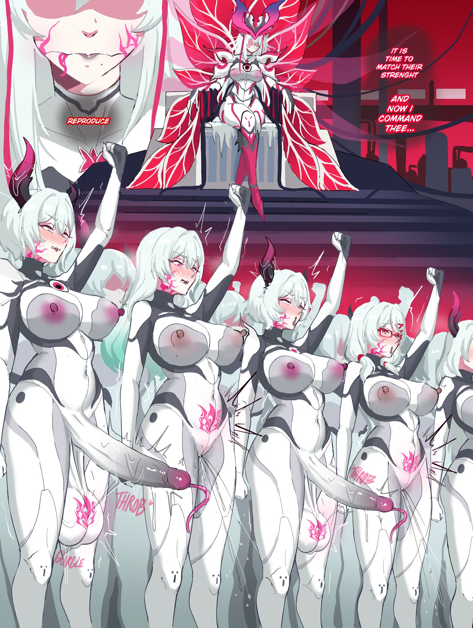 absurdres, armor, arms up, army, ass, back view, balls, battlesuit, belly, belly button, big ass, big breasts, big penis, body control, body modification, bodysuit, breasts, breeding, bug girl, bug wings, cielobivolta, cock, corrupted, corruption, defeated, empress, erect nipples, female, female focus, female soldier, firefly (honkai: star rail), front view, futanari, futanarization, glasses, helmet, highres, hips, hips wider than shoulders, hivemind, honkai (series), honkai: star rail, horns, huge breasts, imminent penetration, imminent sex, leg cross, lipstick, long penis, looking at viewer, markings, medium hair, mind break, mind broken, mole, mole under mouth, mouth open, multiple futa, multiple girls, multiple views, mutation, navel, nipples, penis, purple eyes, purple nipples, pussy, pussy juice, pussy juice drip, queen, round ass, salute, sitting, sitting on throne, soldier, tall female, tattoo, tattoo on balls, tentacle, text, thick thighs, thighs, throne, veins, white hair, wings, womb tattoo