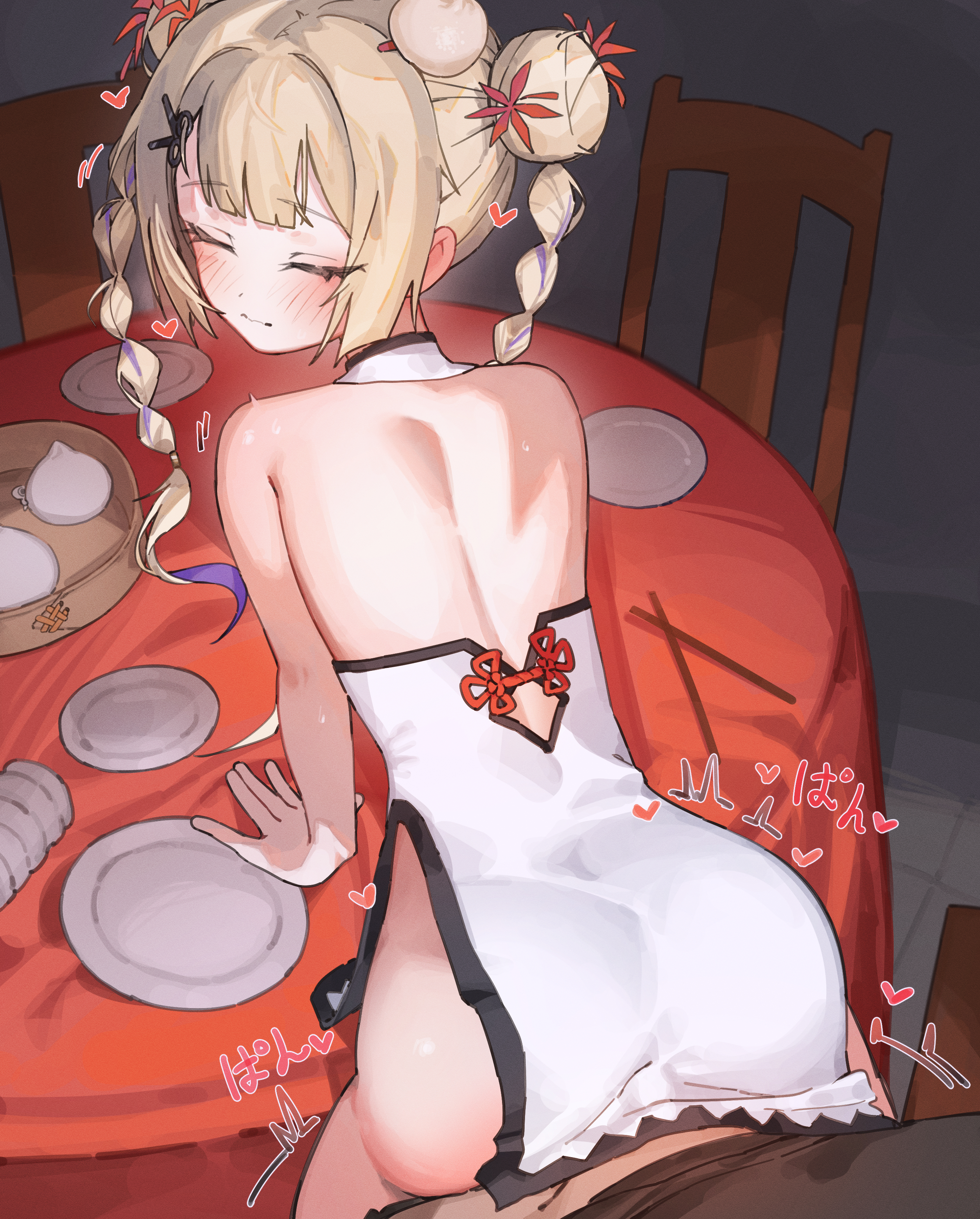 1boy, 1girls, absurdres, amanogawa shiina, arm support, ass, bent over, black shirt, braid, breasts, center-flap bangs, chinese clothes, chocosong, chopsticks, closed eyes, colored inner hair, commentary request, commission, doggy style, double bun, double-parted bangs, dress, eyes closed, from behind, grey hair, hair bun, hair ornament, hairclip, heart, high resolution, highres, implied sex, indoors, leaning, leaning forward, long hair, looking at viewer, looking back, multicolored hair, open mouth, penetration, phase connect, pixiv commission, plate, pov, purple eyes, purple hair, purple streaks, qipao, sex, sex from behind, shirt, short dress, sleeveless, sleeveless dress, small breasts, solo focus, sound effects, standing doggystyle, streaked hair, sweat, sweatdrop, symbol in eye, table, twin braids, virtual youtuber, white dress