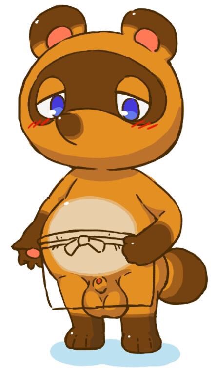 2018 animal_crossing anthro blush canine furry male male_only mammal nintendo penis sakusan_kc simple_background slightly_chubby solo tanuki testicles tom_nook white_background