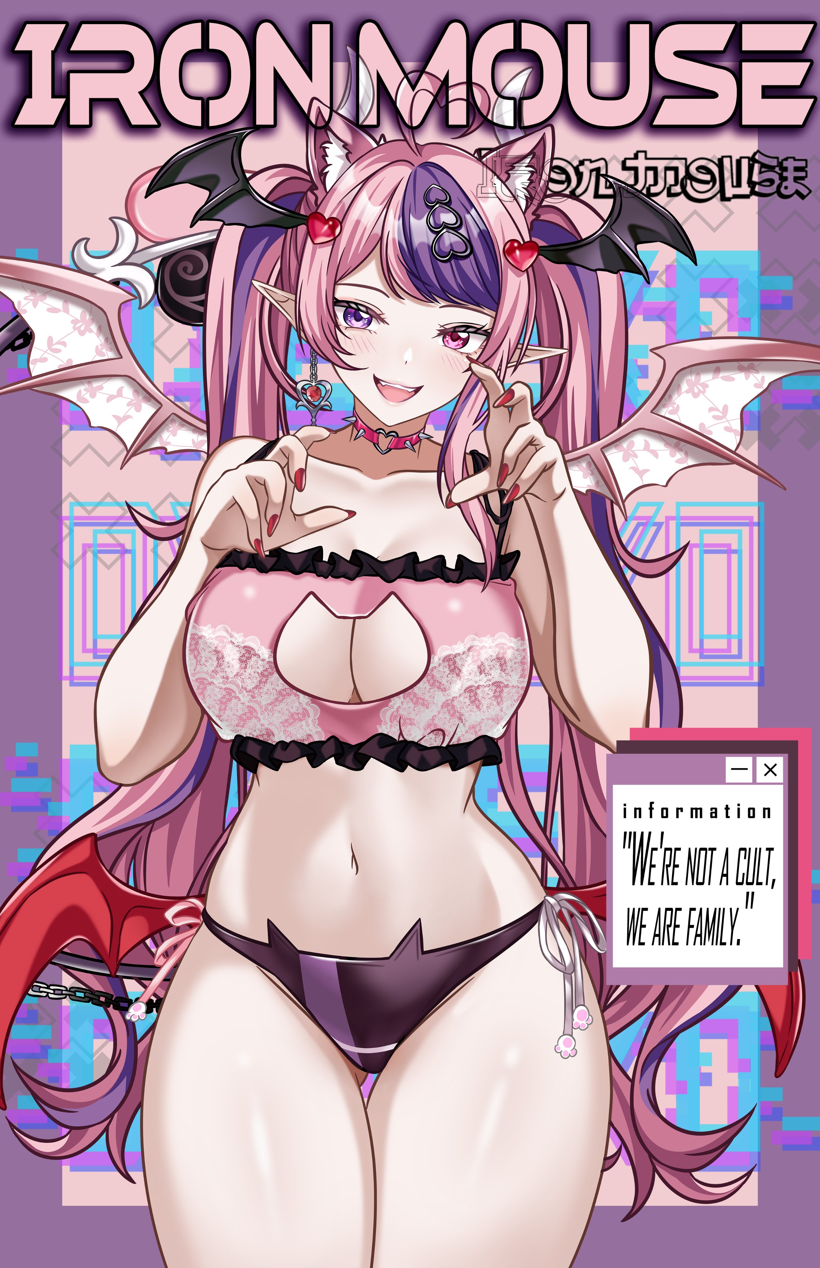 :d, 1girls, absurd res, ahoge, animal ears, big breasts, bikini, black bikini, breasts, cat cutout, cat ears, choker, cleavage, cleavage cutout, clothing cutout, demon girl, demon horns, dyeneko, earrings, female, frilled bikini, frills, hair ornament, head wings, heart, heart ahoge, heart earrings, heart hair ornament, heterochromia, hi res, horns, indie virtual youtuber, ironmouse, ironmouse (season 3), jewelry, large breasts, long hair, looking at viewer, multicolored hair, multiple wings, navel, open mouth, pink bikini, pink choker, pink eyes, pink hair, pointy ears, purple eyes, purple hair, purple streaks, smile, solo, spiked choker, spikes, streaked hair, swimsuit, thighs, tits, twintails, virtual youtuber, vtuber, white horns, wings