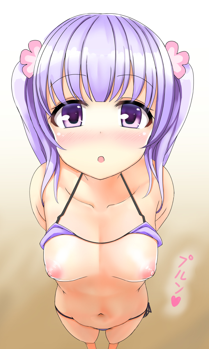 bikini blush breasts female navel new_game! nipples okage purple_eyes purple_hair small_breasts solo suzukaze_aoba swimsuit