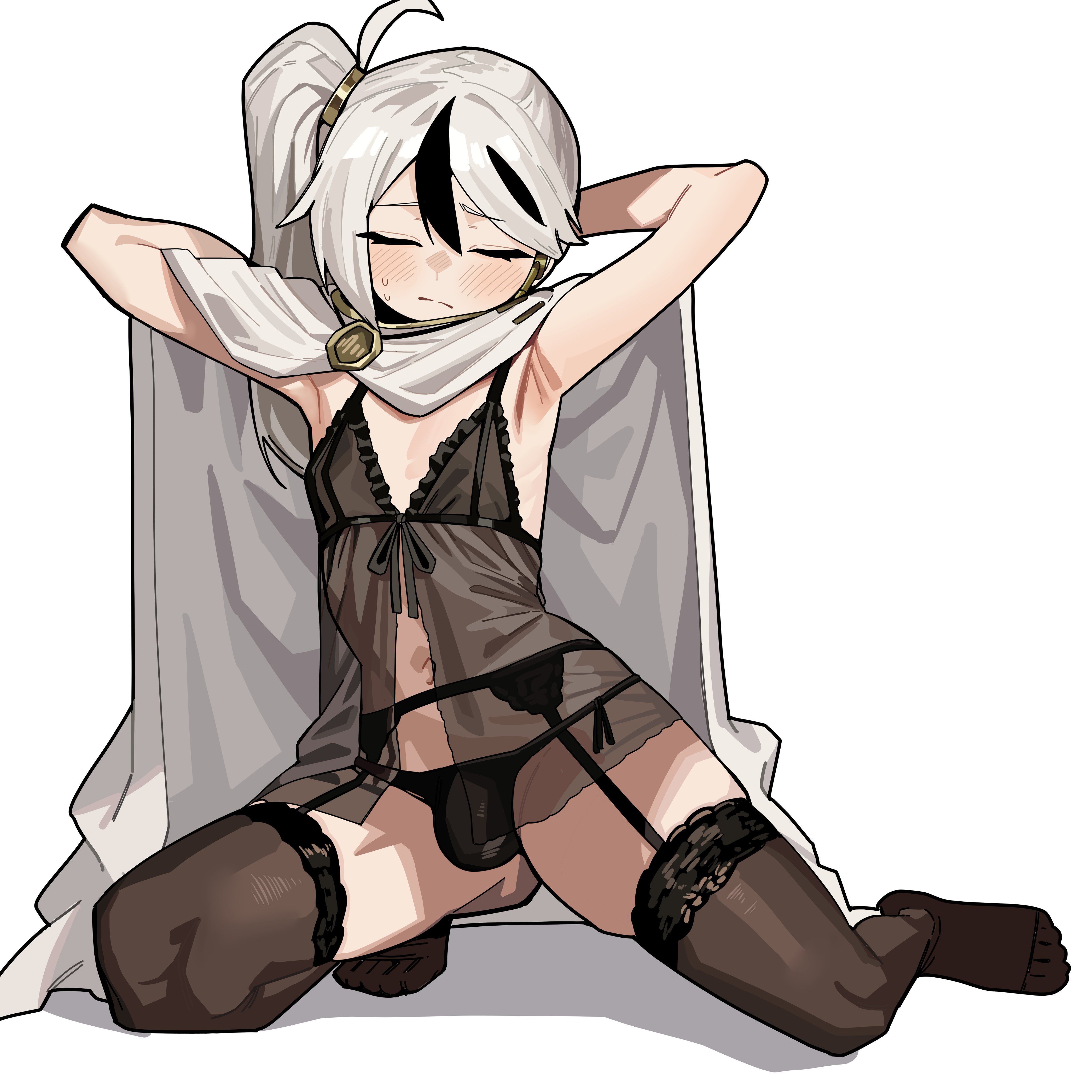 1boy, 1femboy, 2d, armpit crease, armpits, arms behind head, arms up, black bra, black garter belt, black garter straps, black lingerie, black panties, black stockings, black streaked hair, black thong, blush, blushing male, bottomwear, bulge, bulge in panties, bulge through clothing, closed eyes, clothed, clothing, coat, color, colored, digital media (artwork), eyes closed, femboy, femboy focus, femboy only, feminine male, hair, hair ornament, highres, lace lingerie, lace-trimmed thighhighs, library of ruina, light skin, light-skinned male, lingerie, long hair, long hair male, long haired male, male, male focus, male only, no visible genitalia, nylon stockings, panties, pose, posing, posing for the viewer, project moon, ruppu, simple background, sitting, sitting on floor, solo, solo femboy, sweatdrop, the index (project moon), thigh squish, thighhigh stockings, thighhighs, thighs, thong, thong panties, topwear, trap, video game character, video games, white background, white cape, white hair, yan (library of ruina), yan vismok