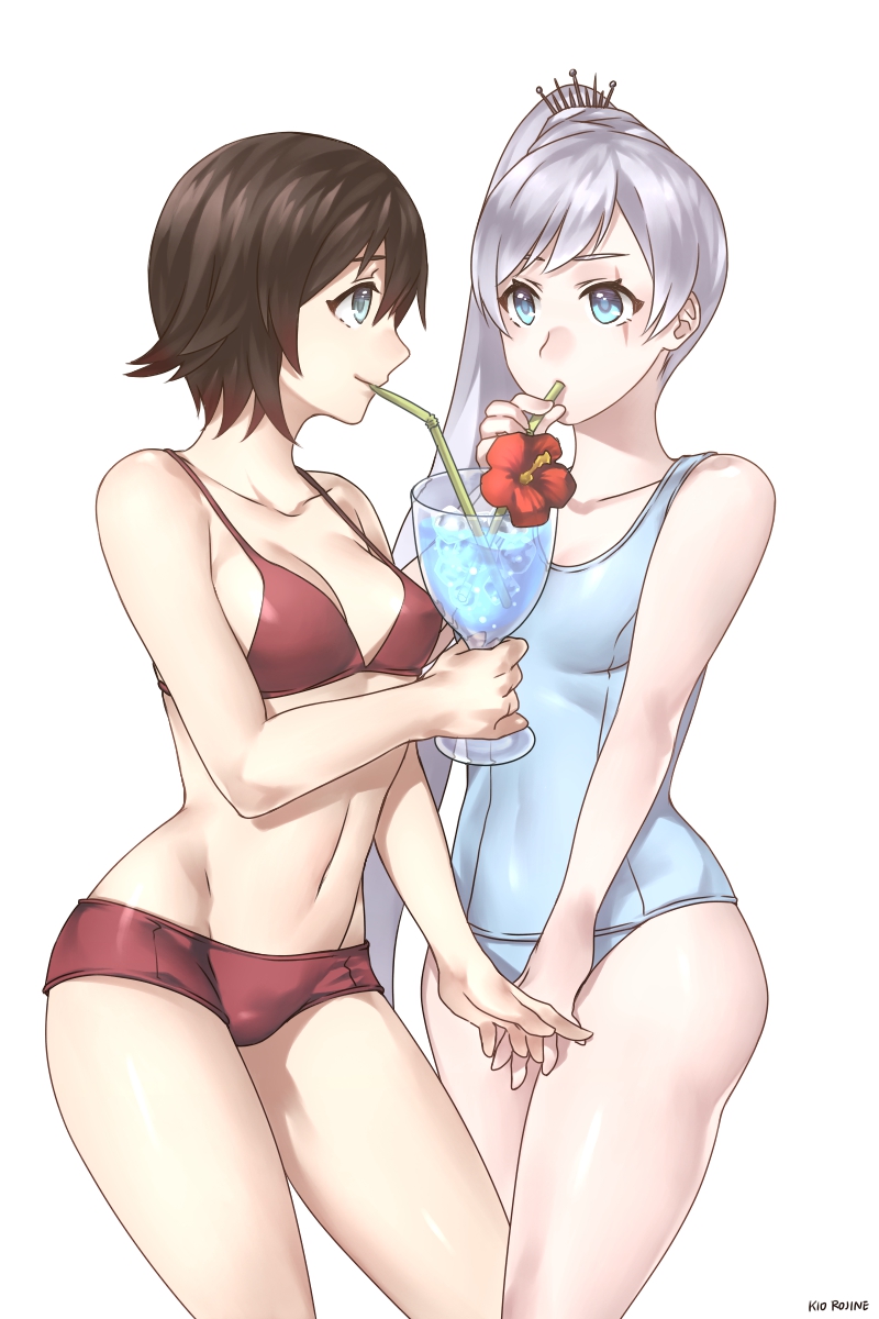 2girls, bikini, blue eyes, blush, breasts, brown hair, cleavage, eye scar, female, female only, groin, hi res, highres, holding hand, human, lesbian focus, light skin, light-skinned female, long hair, multiple girls, navel, one-piece swimsuit, pale skin, pale-skinned female, ponytail, ruby rose, rwby, scar, school swimsuit, short hair, silver eyes, small breasts, strap gap, susukarasu, swimsuit, tied hair, weiss schnee, white background, white hair, yuri