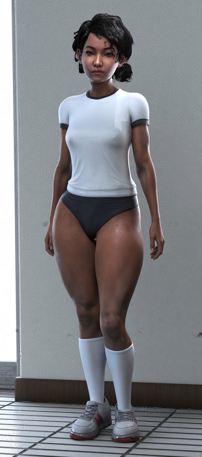 3d, black hair, blender (software), brown hair, clementine (the walking dead), curvy, curvy figure, dark skin, dark-skinned female, gym, gym uniform, japanese clothing, large ass, light skin, light-skinned female, medium breasts, nipples, nipples visible through clothing, petite, red l, shirt, short hair, shorts, sneakers, socks, sports uniform, t-shirt, the walking dead, the walking dead game, thick thighs, thighs, tied hair, video game character