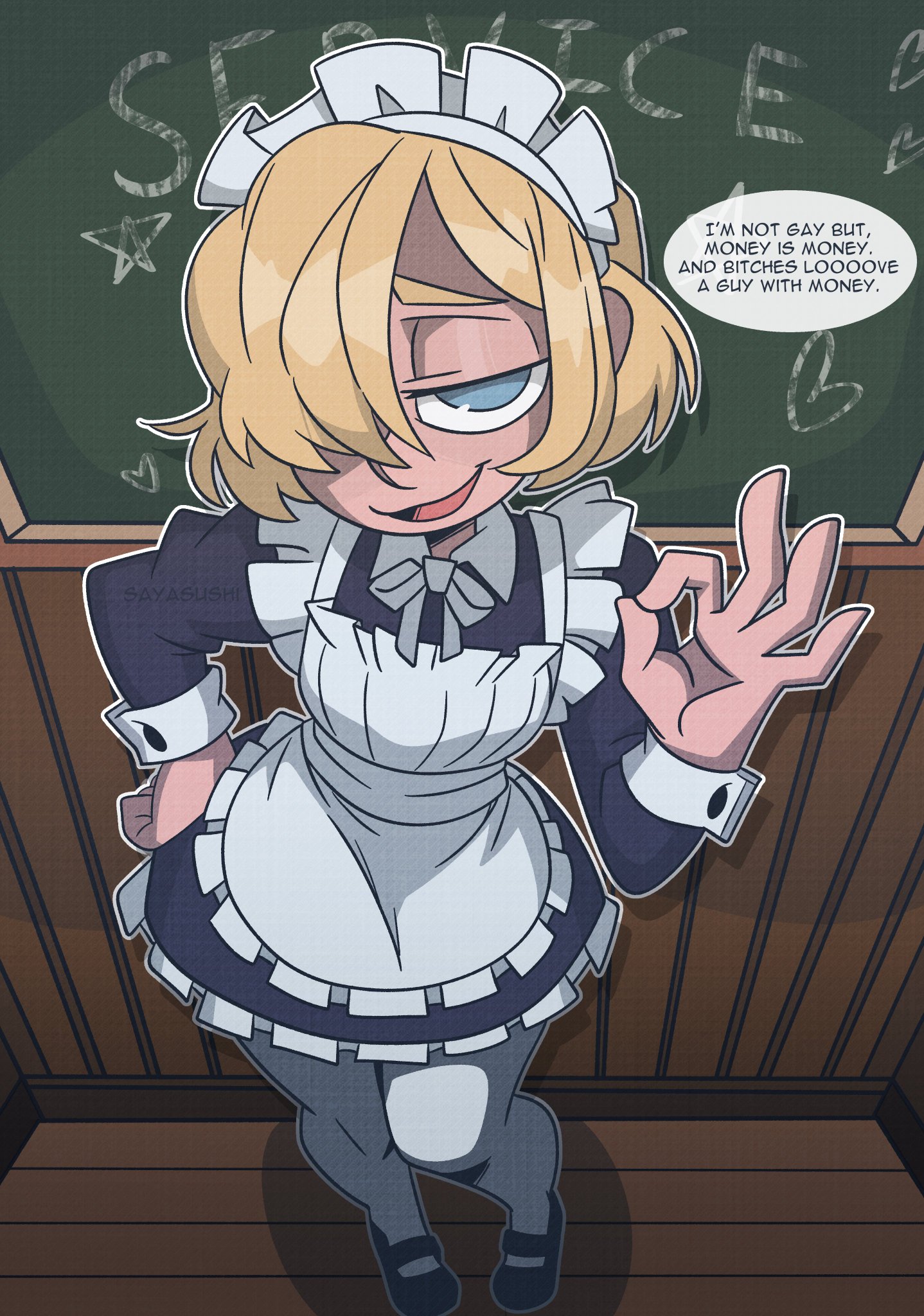 1boy, 1femboy, blonde hair, blue eyes, femboy, femboy maid, maid, maid headdress, maid outfit, maid uniform, nao-kun (sayasushiswag), sayasushiswag, twink