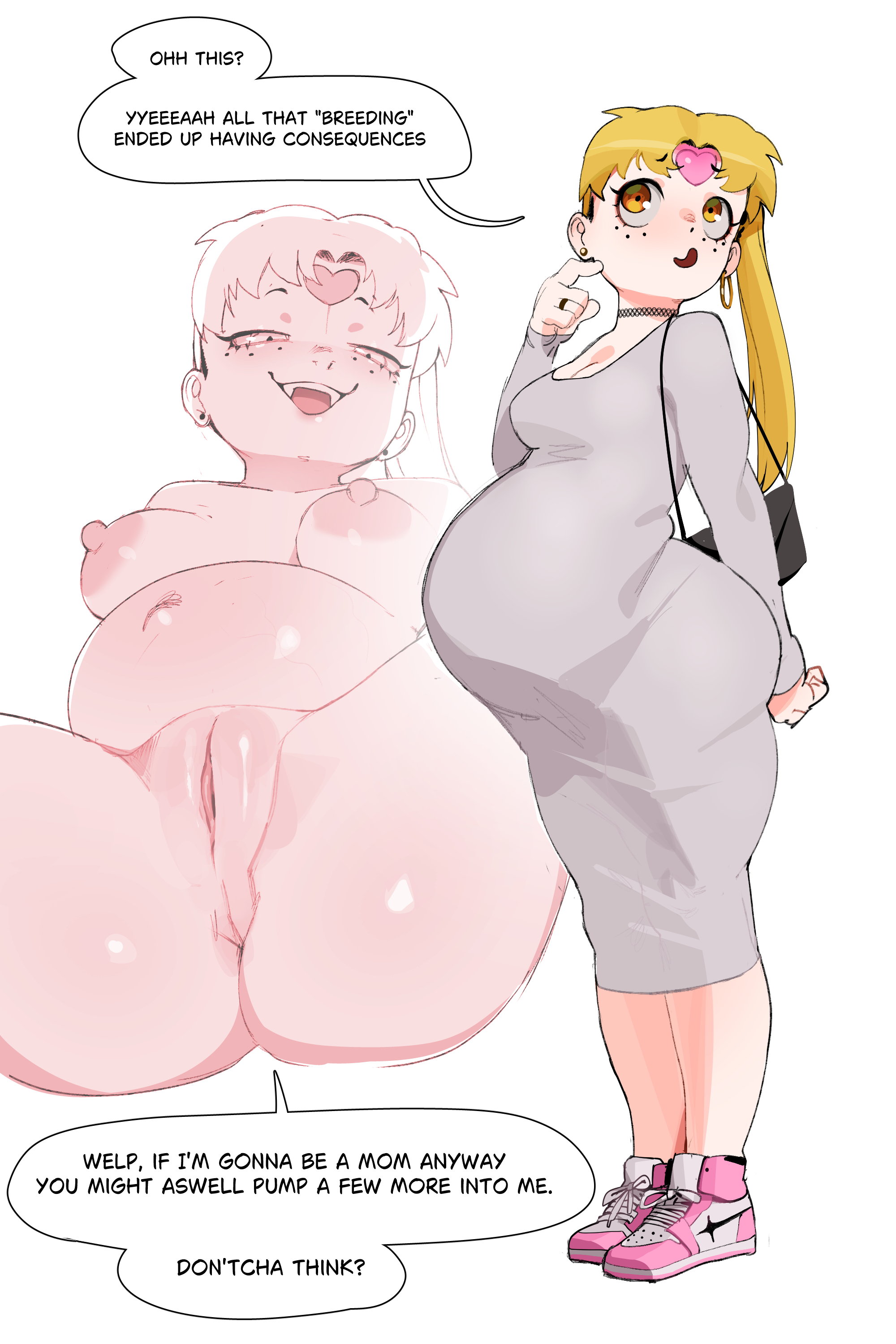 before and after, before sex, belly overhang, bimbofication, blonde hair, bottomless, bra, bracelets, breasts, choker, cindy (eromamgasemsei3), completely nude, completely nude female, dress, earrings, english text, eromamgasemsei3, female, high heels, long hair, male, maternity clothes, maternity dress, nail polish, nude, nude female, original, original character, painted nails, painted toenails, pale-skinned female, penis, pregnant, pregnant female, pussy, small breasts, speech bubble, spread legs, spread pussy, sucking penis, text, tongue, tongue out, tongue out blowjob, vagina