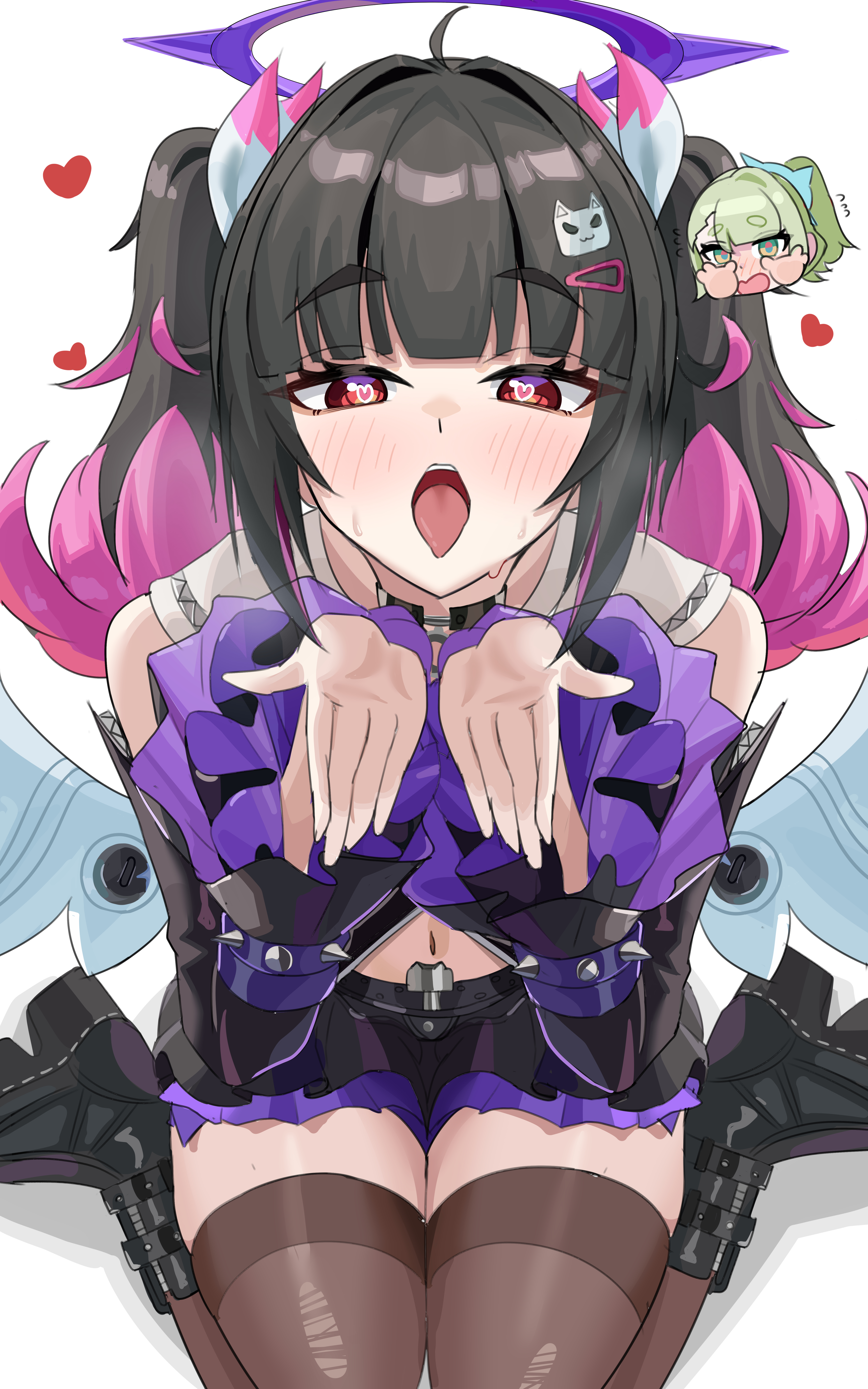 1girls, 2girls, absurdres, angels of delusion, belly button, black boots, black hair, black skirt, black thighhighs, blush, boots, commentary request, cupping hands, embarrassed, female, female focus, female only, green hair, halo, heart, heart-shaped pupils, high resolution, highres, legwear, looking at viewer, medium hair, multicolored hair, multiple girls, nangong yu (rhapsody's muse) (zenless zone zero), nangong yu (zenless zone zero), official alternate costume, oral invitation, ouichi, own hands together, purple hair, purple halo, shoes, simple background, sitting, skirt, sunna (zenless zone zero), sweat, sweatdrop, symbol-shaped pupils, thighhighs, thighs, tongue, tongue out, two-tone hair, wariza, white background, white wings, wings, zenless zone zero, zettai ryouiki