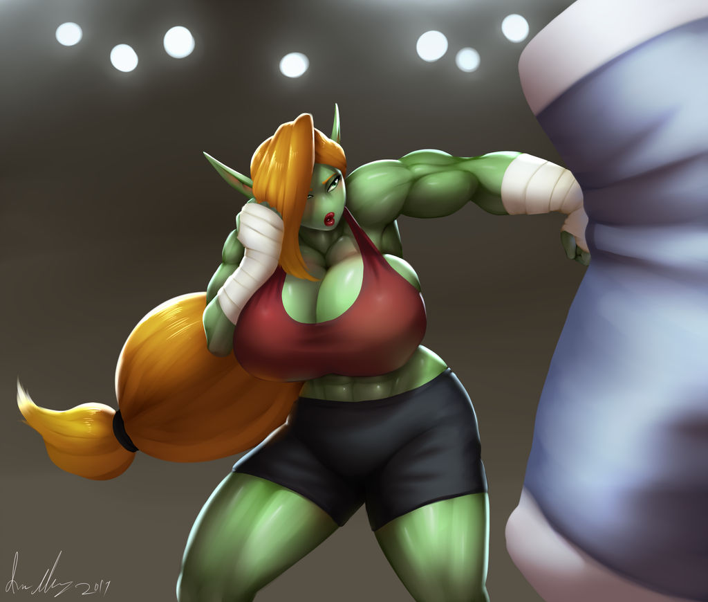 1girls 2019 big_breasts boxers_(clothing) boxing boxing_gloves breasts female female_only green_eyes green_skin long_hair marauder6272 muscular muscular_female orange_hair original_character shrapnel_(character) solo solo_female tank_top