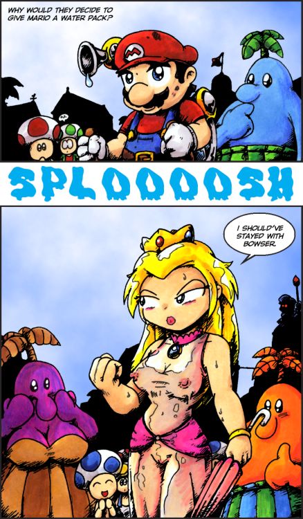 blonde_hair blue_eyes blue_skin breasts brooch brothers_grinn brown_hair comic crown female fludd half-closed_eyes human humanoid light-skinned_female light-skinned_male light_skin lips lipstick long_hair male mario mario_(series) medium_breasts multiple_boys multiple_females multiple_girls multiple_males nintendo nipples nipples_visible_through_clothing orange_skin pianta princess_peach purple_skin pussy pussy_visible_through_clothes see-through straight_hair super_mario_sunshine toad_(mario) wet wet_body wet_clothes wet_clothing wet_hair wet_skin