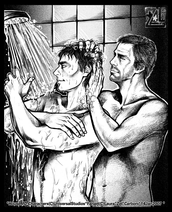 2boys actor artist_request caucasian caucasian_male celebrity gay gregory_house house_(series) hugh_laurie in_character james_wilson male male_only muscles muscular muscular_male robert_sean_leonard rubbing scrubbing shampoo shower showering soap soap_bubbles water yaoi