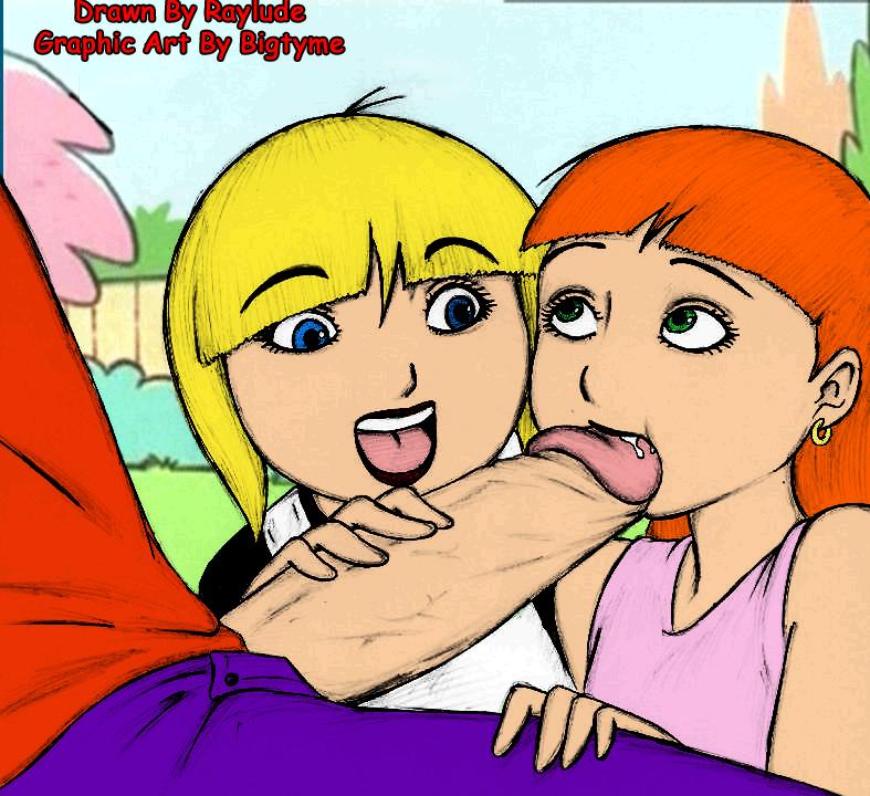 1boy 2girls bigtyme bk7socko black_lipstick blonde_hair blue_eyes cartoon_network ed_edd_n_eddy fellatio green_eyes nazz_van_bartonschmeer oral orange_hair raylude sarah_(ed_edd_n_eddy) straight_hair unseen_male_face