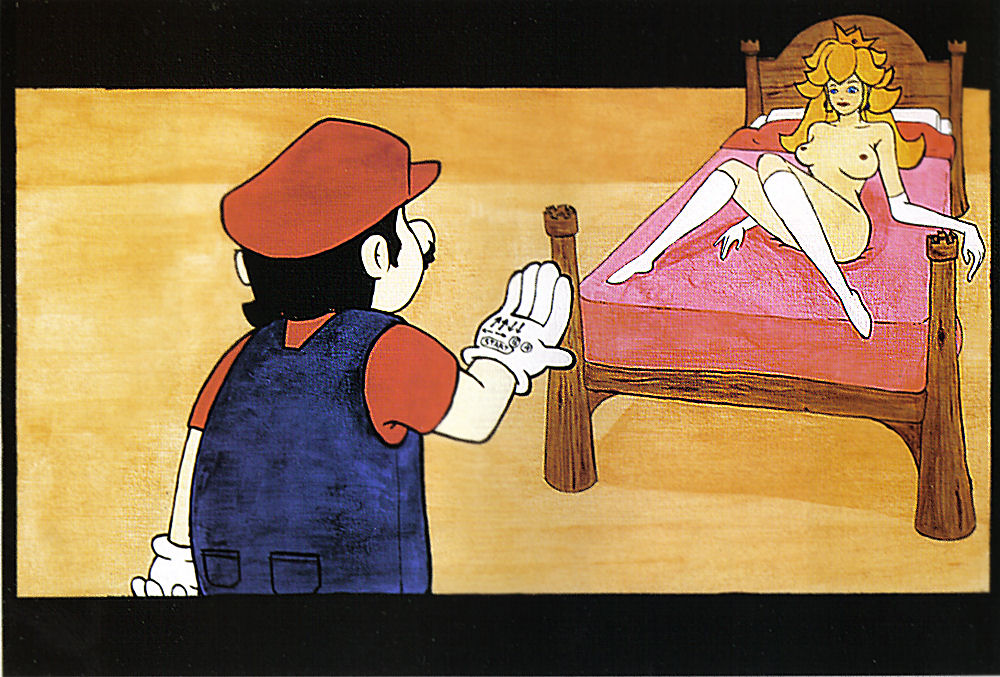 1boy 1girls artist_request bed black_hair blonde_hair blue_eyes breasts closed_mouth clothes color crown facial_hair female footwear gloves hat human konami_code long_hair male mario mario_(series) mustache nintendo nipples nude open_eyes overalls princess_peach round_ears socks straight straight_hair toony