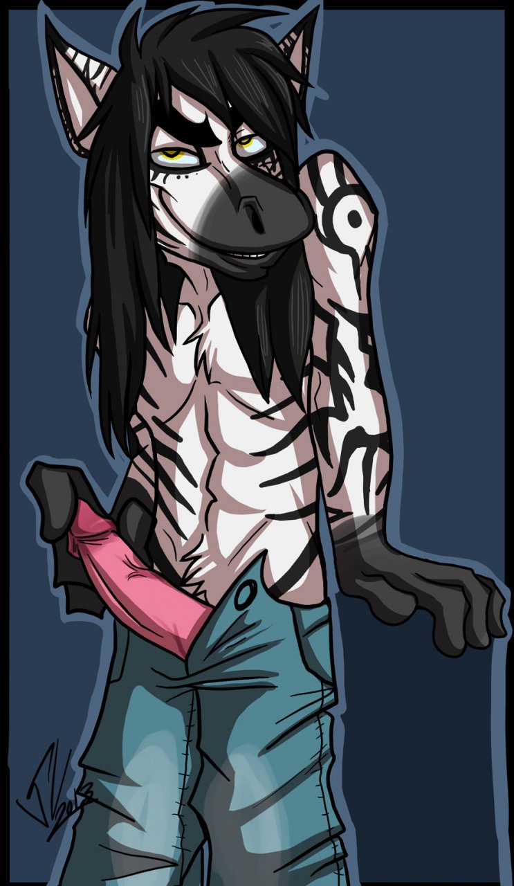 1boy 2013 4_fingers anthro black_border black_fur black_hair black_stripes blue_background border clothed clothing equine erection fatalsyndrome front_view fur hair half-closed_eyes hi_res holding_penis humanoid_penis long_hair looking_at_viewer male male_only mammal multicolored_fur open_pants outside_border pants penis pink_penis pointy_ears poking_out portrait signature simple_background smile smirk solo standing striped_fur stripes three-quarter_portrait topless two_tone_fur vincenzo_moretti white_fur yellow_eyes zebra