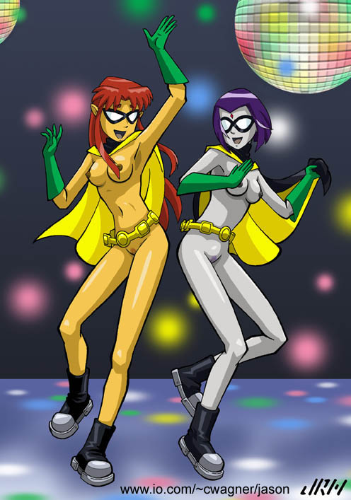 00s 2000s 2girls breasts cosplay dc dc_comics duo duo_focus female female_focus female_only jason_meador multiple_girls nude nude_female rachel_roth raven_(dc) robin_(dc) robin_(dc)_(cosplay) starfire straight_hair teen_titans