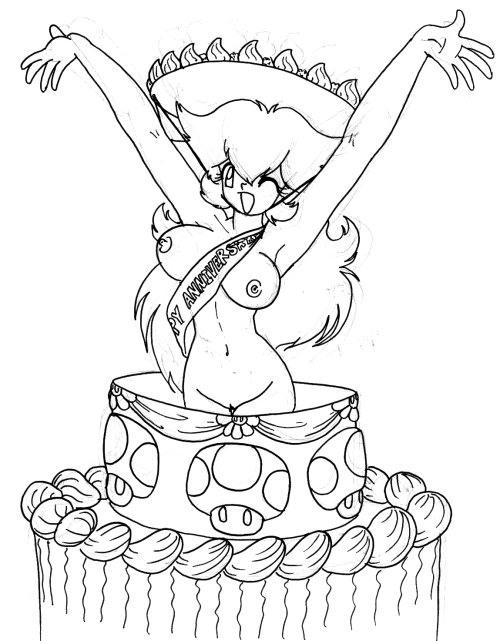 alternate_breast_size breasts cake empty_(artist) female female_only front_view happy_birthday human mario_(series) monochrome nintendo nipples nude princess_peach solo straight_hair super_mario_bros. tagme vulva wink