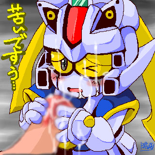 1girls artist_request blonde_hair breasts censored female g_gundam gundam humanoid long_hair low_res male mecha nobel_gundam penis robot_girl solo_focus tagme white_skin