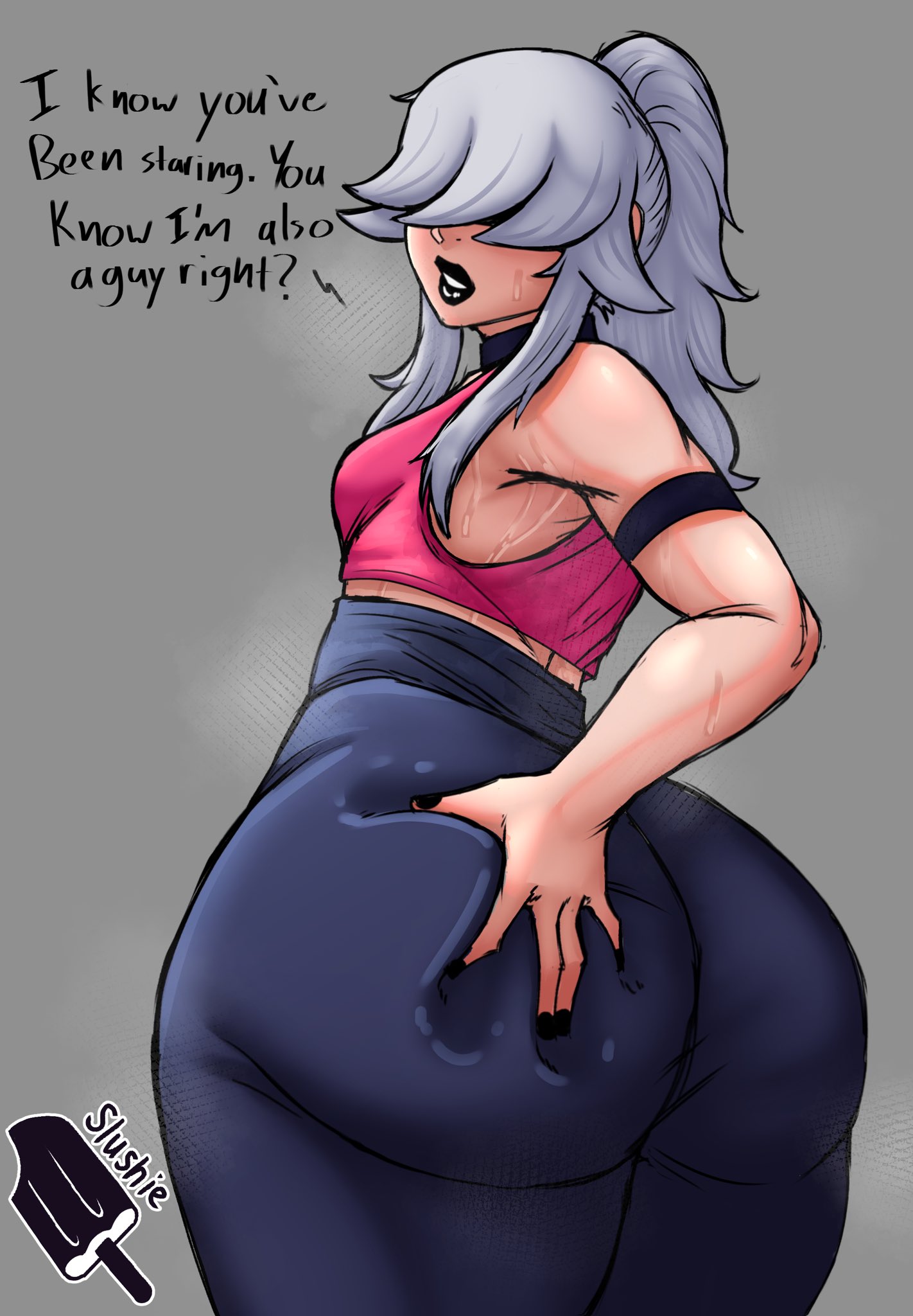 1boy, ass, ass focus, ass grab, blake (slushiebest), blinding bangs, femboy, grabbing ass, grabbing own ass, hair covering eye, hair over eyes, lipstick, male, male focus, male only, slushiebest, solo male, tagme, white hair