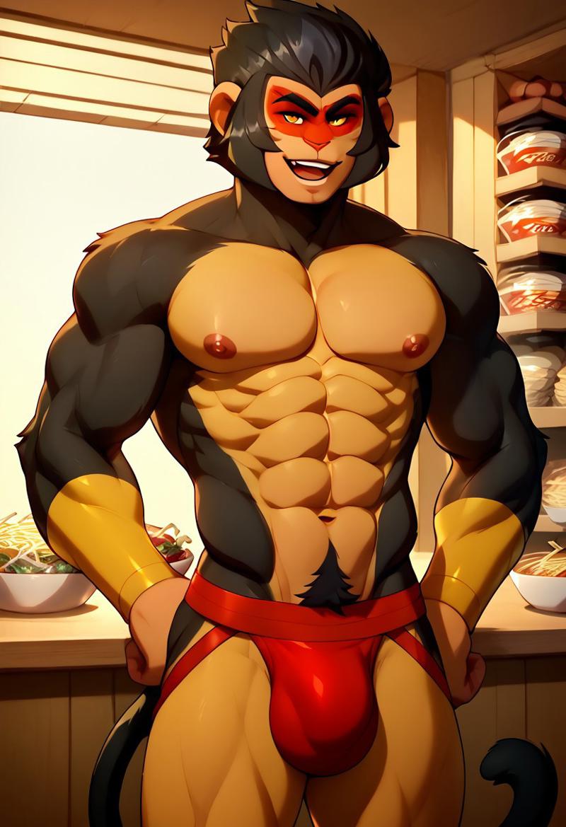 abs ai_generated anthro anthro_male biceps black_fur blush bulge furry gay jockstrap jockstrap_only lego_monkie_kid looking_at_viewer macaque male male_only monkey muscular muscular_male nipples nude_male pecs smile tail toned_body toned_male twall97 yellow_eyes