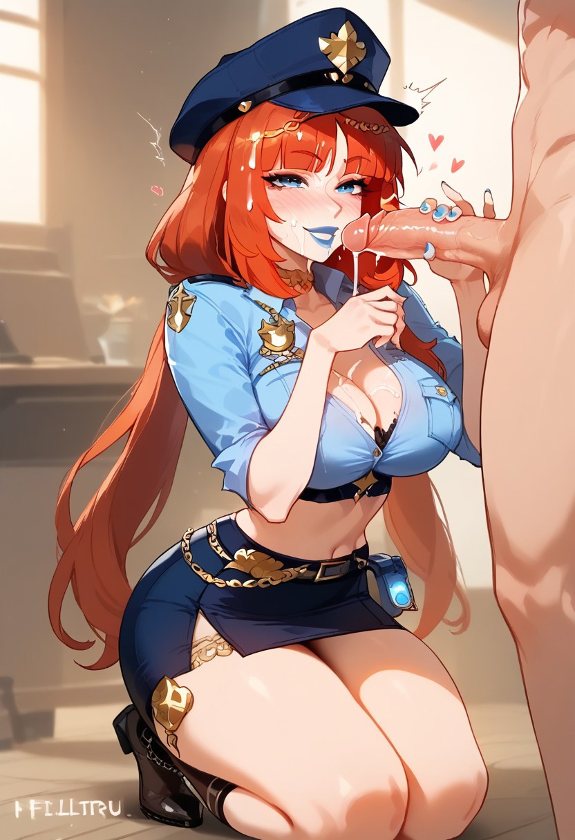 1girls, ai generated, alternate costume, female, genshin impact, handjob, nilou (genshin impact), police, police uniform, policewoman