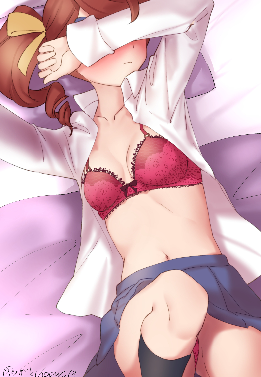 arikindows10 arm_on_own_head bed_sheet black_socks blush bow bow_bra bra breasts brown_hair collarbone collared_shirt covered_eyes female hair_ornament hair_ribbon hannah_england highres little_witch_academia lying navel on_back open_clothes open_shirt panties pleated_skirt ponytail red_bra red_panties ribbon shirt skirt small_breasts socks solo stomach thighs unbuttoned underwear undressing white_shirt yellow_bow