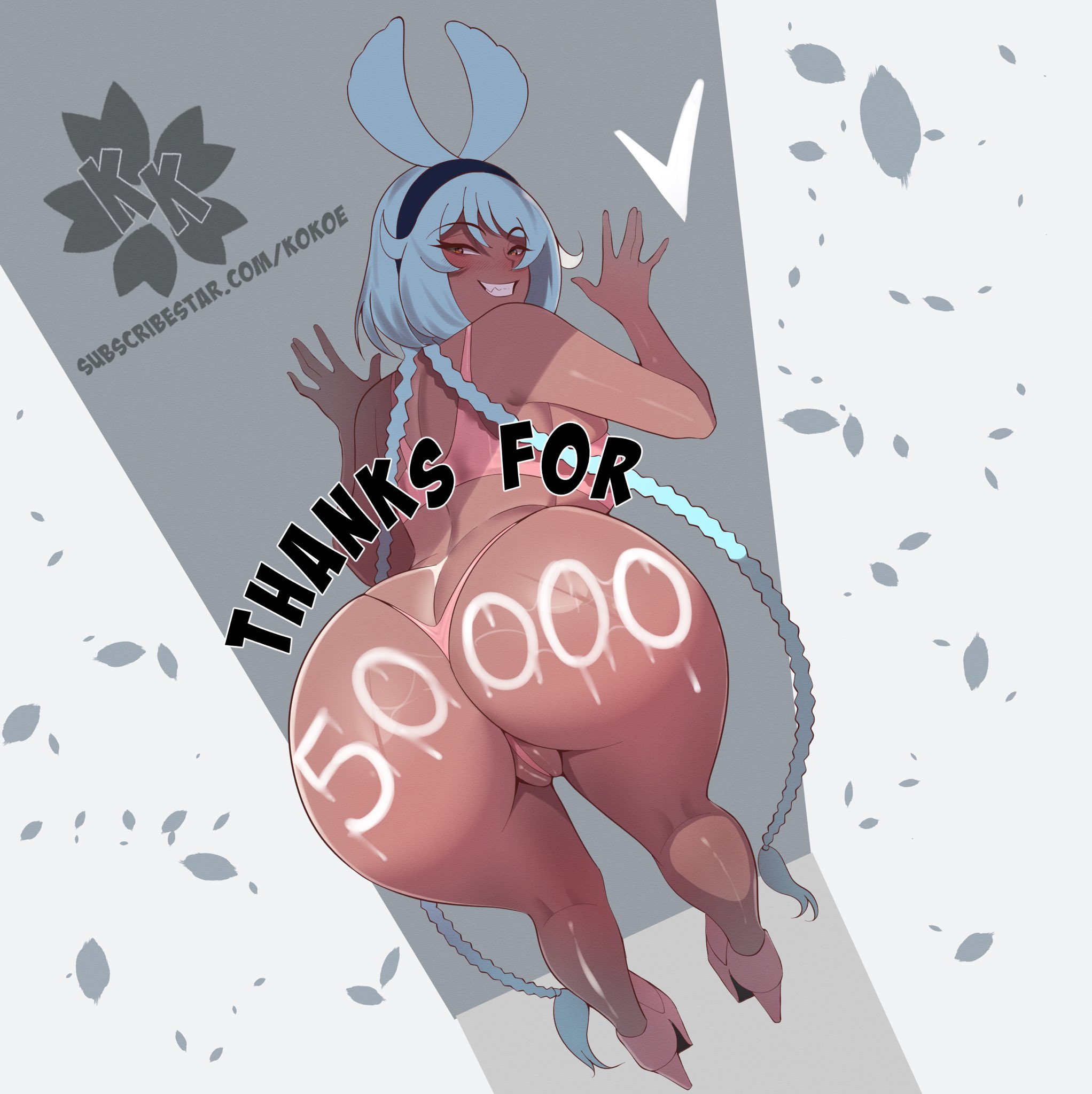 1girls, artist name, ass, ass focus, big ass, big penis, blue hair, body writing, braided hair, braids, cameltoe, female, female only, genshin impact, hair ornament, kokoe, looking at viewer, looking back, male, mualani (genshin impact), penis, pussy, smile, tan body, tan lines, tan skin, tan-skinned female, twin braids, very long hair