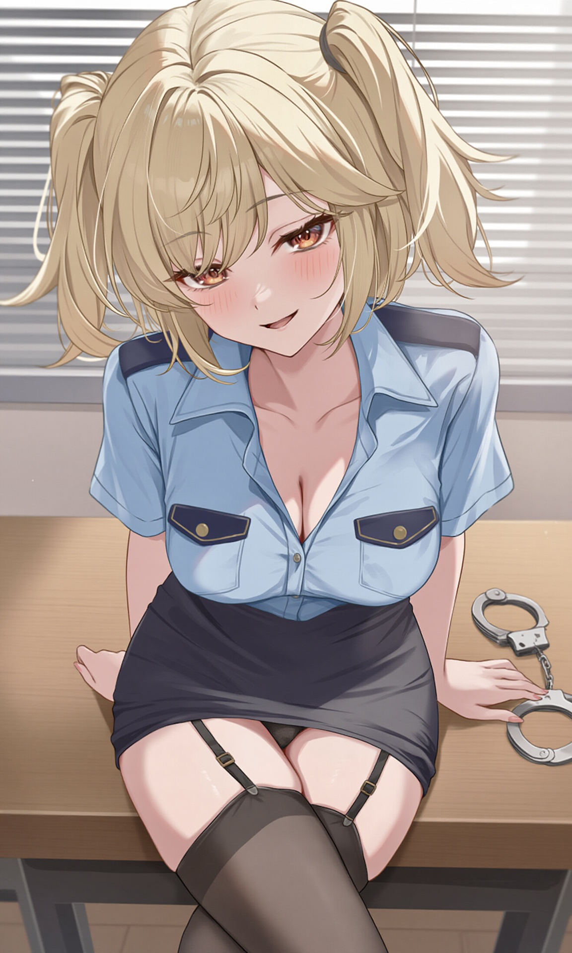 1girls, big breasts, blonde hair, breasts, burnice white, busty, cleavage, crossed legs, erotic, female, garter straps, naughty, naughty face, panties, police, police uniform, policewoman, sitting, solo, thick thighs, thighhighs, twintails, upskirt, zenless zone zero