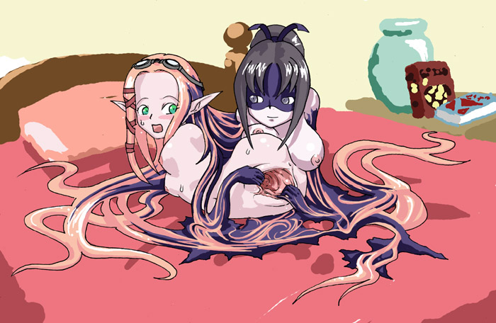 2girls amputee anus bed big_breasts blush blush_stickers branzent breasts gaping gaping_pussy goggles goggles_on_head green_eyes long_hair merging monster_girl multiple_girls nipples no_arms no_legs on_bed open_mouth original pink_hair pointy_ears prehensile_hair pussy quadruple_amputee small_breasts source_request spread_pussy sweatdrop tentacle_hair very_long_hair what yuri