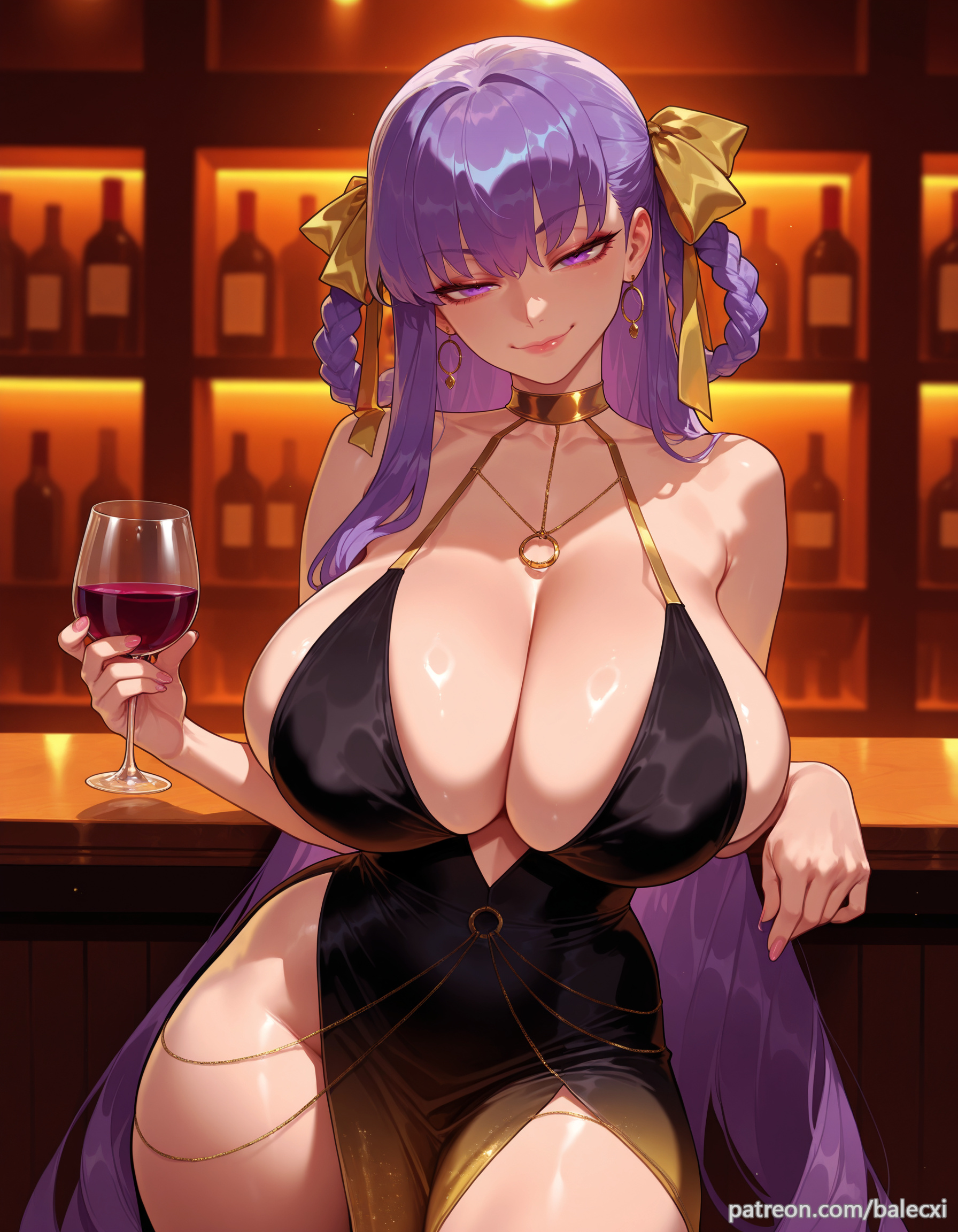 1girls, ai generated, alcohol, balecxi, bare shoulders, bb (fate), bb dubai (fate), black dress, braid, breasts, cleavage, collarbone, cup, dress, drinking glass, earrings, fate (series), fate/extra ccc, fate/grand order, female, hair rings, huge breasts, jewelry, large breasts, long hair, looking at viewer, purple eyes, purple hair, smile, solo, thighs, wine glass