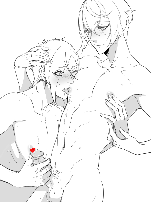 2boys blush cum erection hizamaru licking male_only monochrome muscle nipples nude penis smile testicles tongue touken_ranbu uguisumaru yaoi zuwai_kani