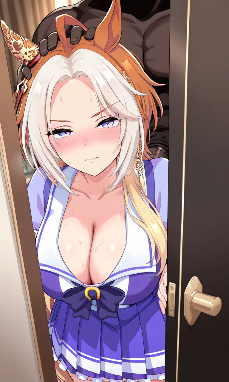 1boy 1girls ai_generated big_breasts black_male black_penis blue_eyes blush caught cheating cheating_girlfriend cleavage cuckold dark-skinned_male embarrassed half-closed_eyes head_grab horse_ears horse_girl horse_tail large_breasts multicolored_hair netorare ntr open_door orange_hair orfevre_(umamusume) stealth_sex sweat tracen_school_uniform umamusume umamusume_pretty_derby