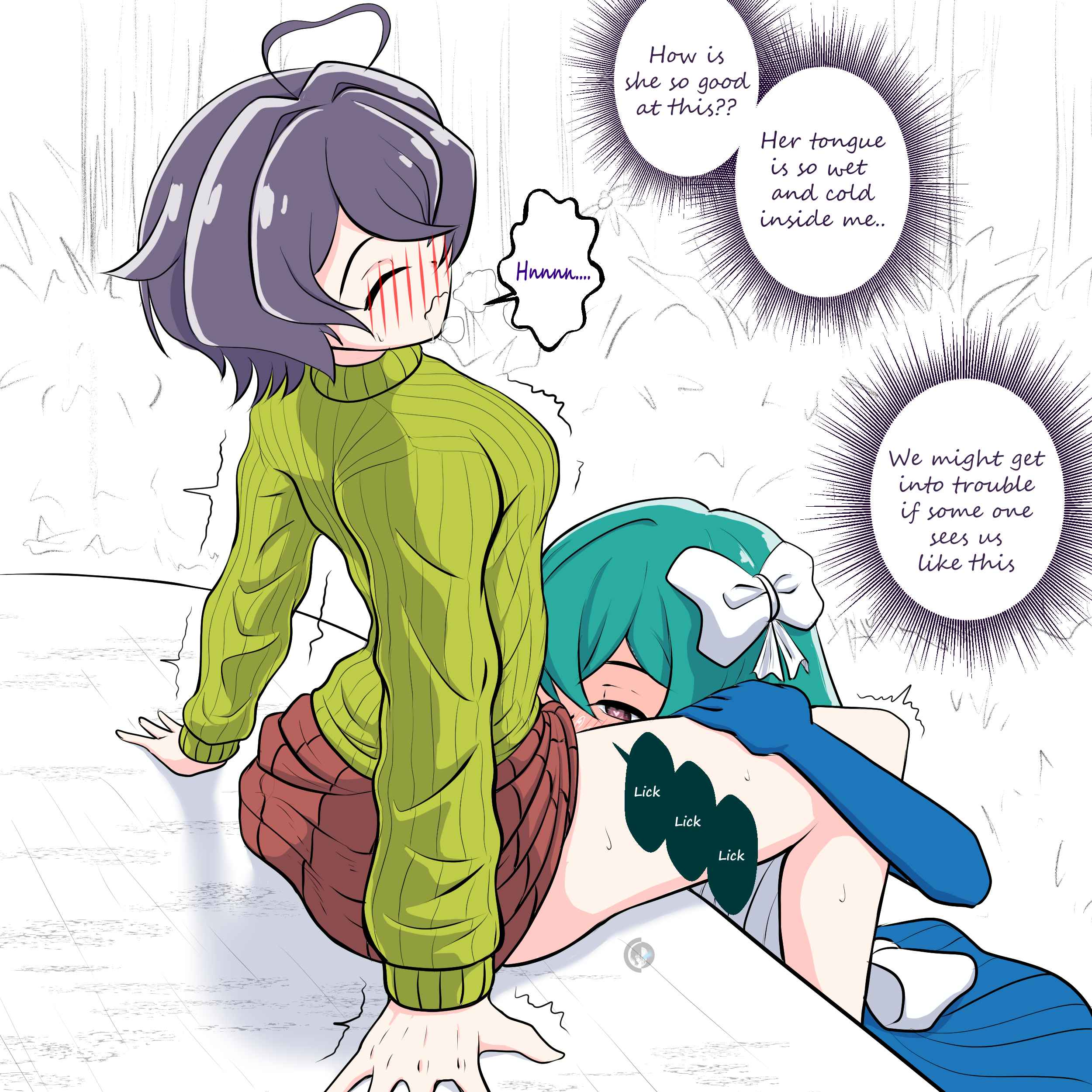 2girls, blue clothing, blue hair, blush, blush lines, closed eyes, cunnilingus, english text, face buried in crotch, female, female only, gloves, hair bow, heart-shaped pupils, hiiragi utena, licking, licking pussy, long hair, long sleeves, magia azul, magical girl, mahou shoujo ni akogarete, minakami sayo, moaning, moaning in pleasure, oral, oral sex, purple hair, pussy, red eyes, short hair, short sleeves, sitting, skirt up, sweater, white bow, white clothing, yuri