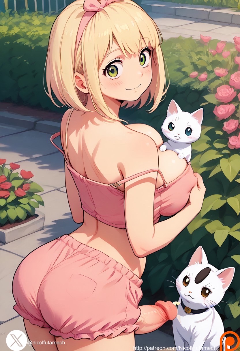 ai_generated ao_no_exorcist ass_focus big_penis feline futanari medium_breasts moriyama_shiemi outside sexy_body standing yellow_hair