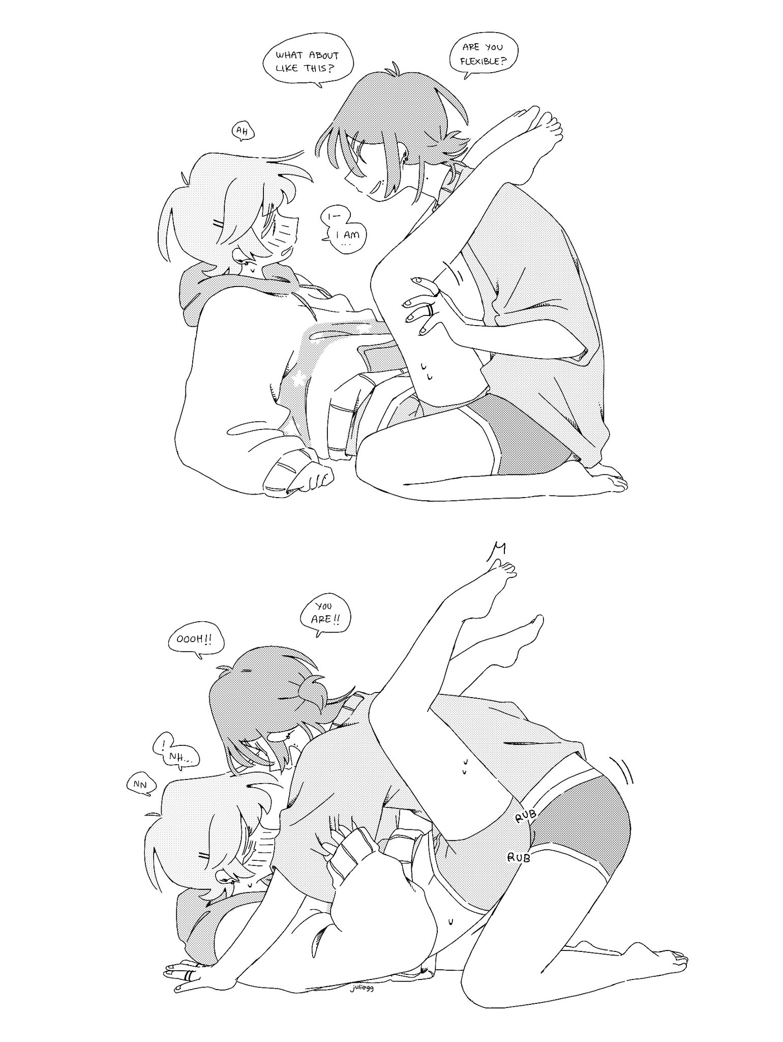 2025, barefoot, between legs, black and white, cute, cute face, feet, feet up, juliegg, kouta (juliegg), male, rui (juliegg), short hair, twitter, twitter link, white background, wholesome, yaoi