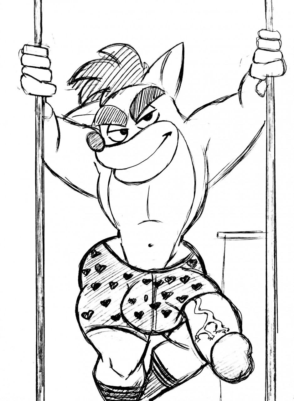 10s 1boy 2019 anthro ass bandicoot bulge crash_(series) crash_bandicoot gay heart_underwear lynnsdarkside male male_only marsupial monochrome penis penis_out penis_through_leghole socks solo tagme underwear veiny_penis video_games white_background