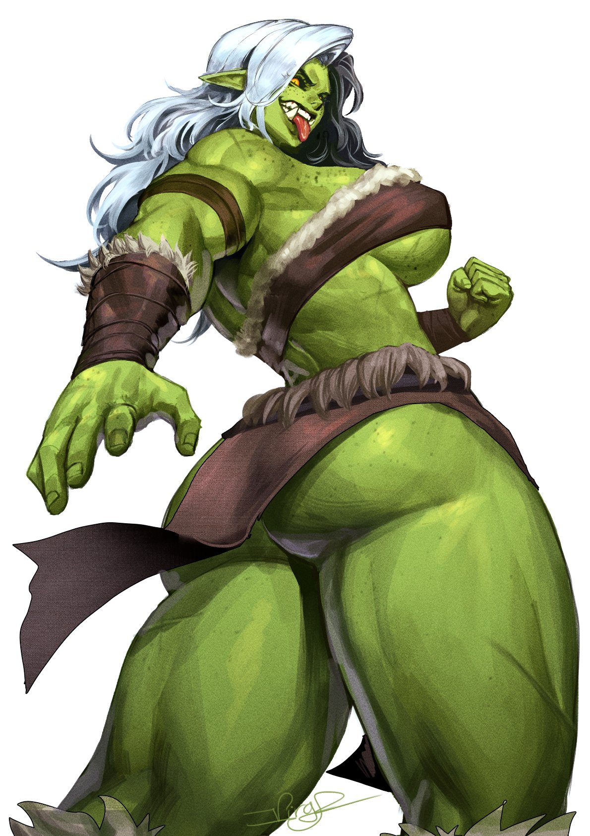 ass, big ass, big breasts, big butt, breasts, female, fully clothed, huge breasts, long hair, looking at viewer, looking back, low-angle view, muscular, muscular female, orc, orc female, pointy ears, solo, solo female, thick thighs, thighs, tongue, tongue out, tusks, virgoart1509, white hair