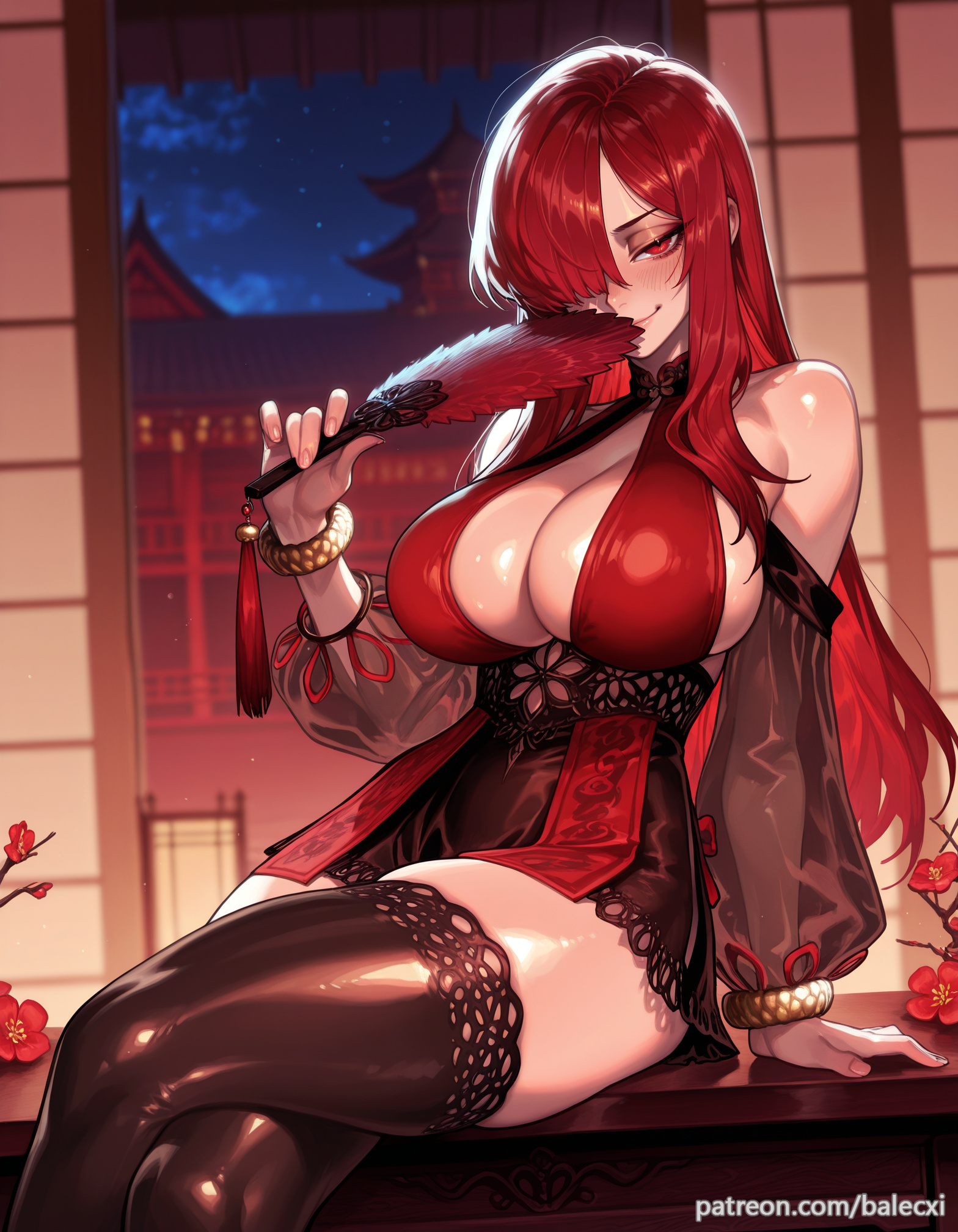 ai generated, balecxi, bare shoulders, blush, bracelet, breasts, cleavage, crossed legs, detached sleeves, fate (series), fate/grand order, female, flower, hair over one eye, holding, jewelry, lace trim, large breasts, lips, long hair, looking at viewer, night, oda nobunaga (avenger) (fate), oda nobunaga (fate), patreon username, red dress, red eyes, red hair, see-through, shiny skin, short dress, sitting, smile, solo, stockings, thighhighs, thighs