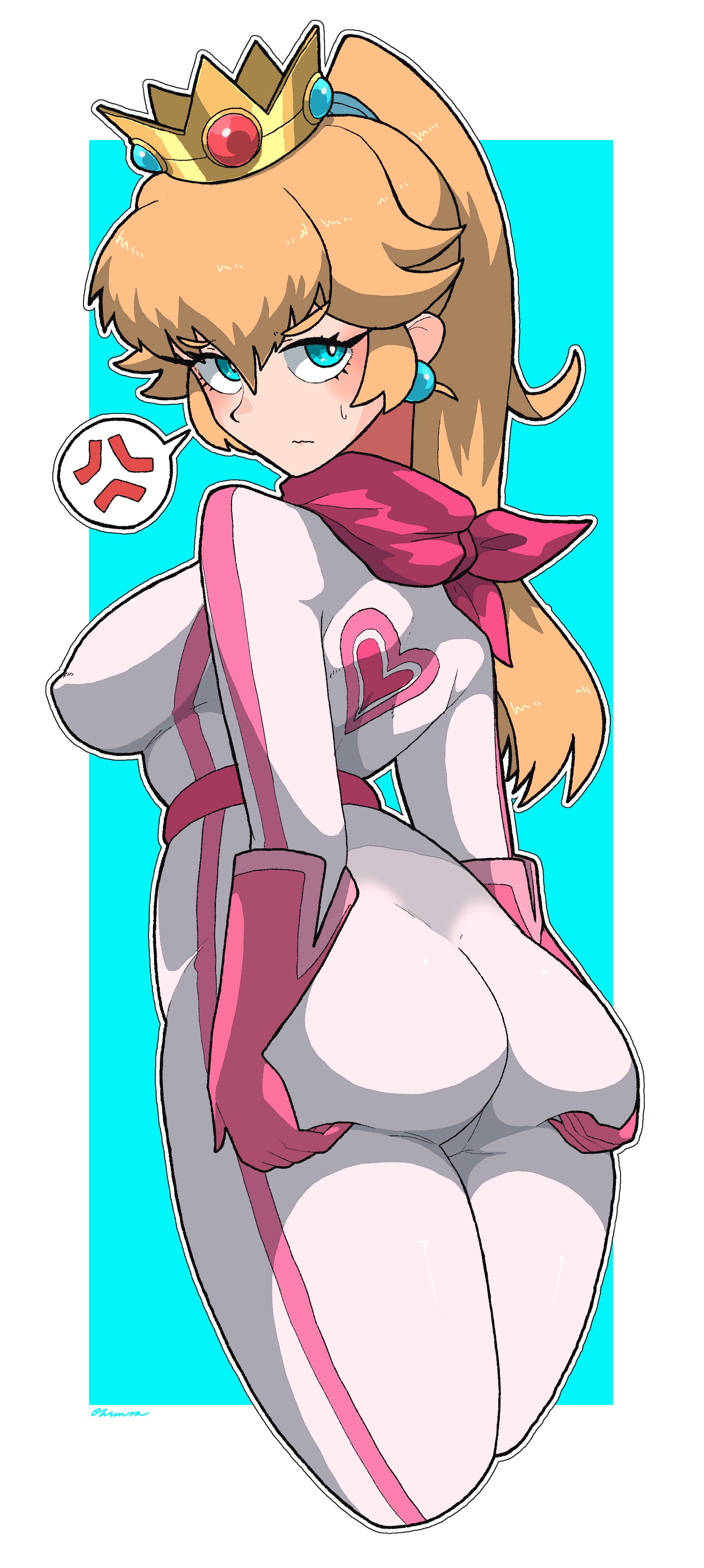 1girls, absurdres, ass, ass support, bandana, biker clothes, bikesuit, bodysuit, breasts, crown, earrings, female, gloves, grabbing own ass, heart, heart print, high ponytail, highres, jewelry, mario (series), mario kart, medium breasts, nintendo, omura zojiki, pink bandana, pink bodysuit, pink gloves, ponytail, princess peach, princess peach (aero), racing suit, solo, sphere earrings