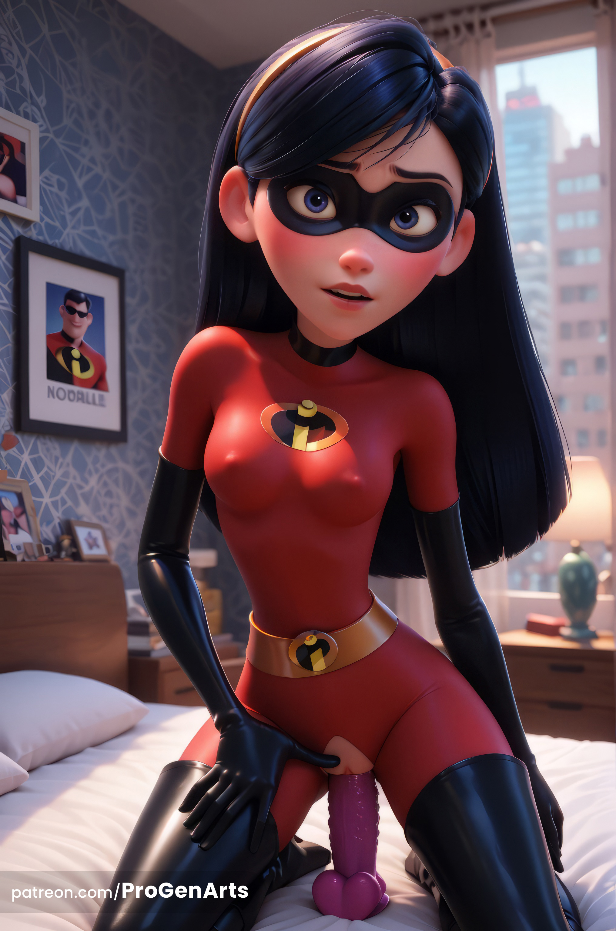1girls, ai generated, bed, bedroom, black gloves, black hair, blue eyes, bodysuit, boots, breasts, covered nipples, dildo, dildo in pussy, dildo insertion, dildo riding, disney, domino mask, elbow gloves, female, female masturbation, gloves, hairband, hi res, indoors, kneeling, lamp, latex, latex gloves, long hair, looking at viewer, mask, masturbation, object insertion, on bed, parted lips, pillow, pixar, progenarts, pussy, pussy juice, red bodysuit, sex toy, skin tight, small breasts, solo, superhero, superheroine, the incredibles, the incredibles 2, thigh boots, thighhighs, uncensored, vaginal insertion, vaginal masturbation, vaginal object insertion, vaginal penetration, violet parr, web address, window, younger female